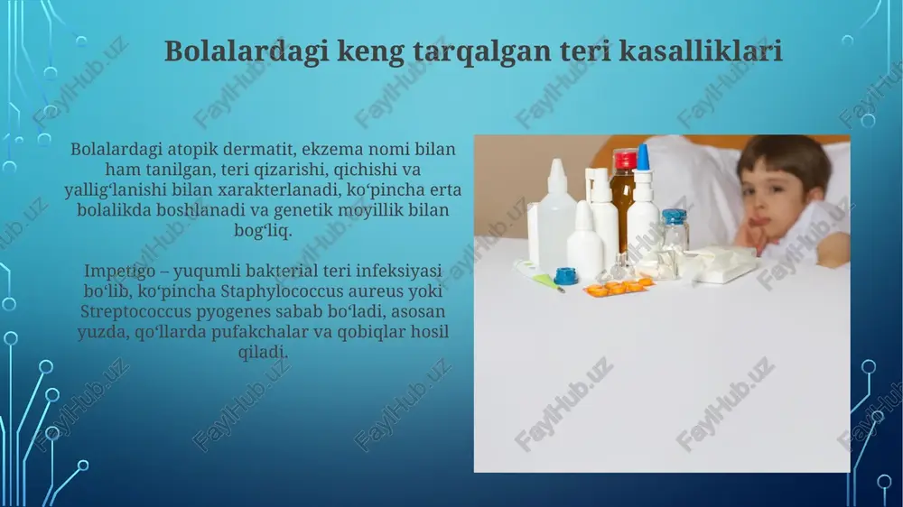 dan yuqori harorat bo'lsa, yoki 24 soatdan ortiq davom etsa, shifokorga murojaat qiling, ayniqsa chaqaloqlarda. agar bolada nafas olish qiyinlashsa, xirillash kuzatilsa, yoki ko'kargan lablar paydo bo'lsa, darhol tibbiy yordamga murojaat etish kerak. profilaktika choralari profilaktika choralari bolaning gigiyenasini saqlashni o'z ichiga oladi: kuniga 2 marta iliq suv bilan yuvish va terini yumshoq sochiq bilan artib quriting. uy sharoitida havo namligini 50-60% da ushlab turish, terining qurishi oldini oladi va irritatsiya paydo bo'lish ehtimolini kamaytiradi. bundan tashqari, haroratni 20-22°c da saqlash kerak. xulosa va savol-javoblar xulosa qismida asosiy tavsiyalarni takrorlang, masalan, ertalab va kechqurun 2 marta teriga surtiladigan dorilarning ahamiyati haqida eslatib o'ting. savol-javoblar sessiyasida dermatologik kasalliklarni davolashda qo'llaniladigan glyukokortikoidlar va ularning nojo'ya ta'sirlari haqida batafsil ma'lumot bering. e'tiboringiz uchun rahmat image3.png image4.jpg image5.jpg image6.jpg image7.jpg image8.jpg image9.jpg image10.jpg image11.jpg image12.jpg image13.jpg image14.jpg image15.jpg image16.jpg image17.jpg image18.jpg image19.jpg image20.jpg image2.png