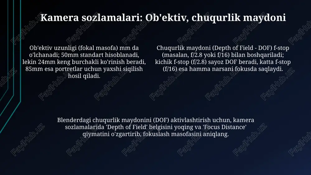 di, ammo yorug'lik miqdori 8 barobar kamayadi. kamera va yoritish blenderda yoritish uchun area light turidan foydalaning va uni 1 metrdan 2 metrga kengaytiring. bu, soyalar yumshoqroq va tabiiyroq bo'lishiga yordam beradi. kamera chuqurligi maydonini (dof) sozlash uchun "f-stop" qiymatini kamaytiring, masalan, 2.8 dan 1.4 gacha, bu esa xiralik effektini kuchaytiradi va ob'ektni ajratib ko'rsatadi. yoritishda uch nuqtali yoritishdan foydalaning: asosiy yorug'lik, to'ldiruvchi yorug'lik va rim yorug'lik. har bir yorug'likning intensivligini moslashtirib, sahna atmosferasini nazorat qiling. kamera va render sozlamalari kamera chuqurligi parametrlarini render sozlamalarida moslashtirish, masalan, 0.01 va 100 qiymatlari, fokus masofasini aniqlaydi va ko'rish maydonini belgilaydi. renderda harakatlanish xiraligi uchun kamera tortishish vaqtini 0.1 dan 0.5 gacha sekundga o'zgartirish, bu esa harakatlanuvchi ob'ektlarning xiralashuv darajasini nazorat qiladi. render dvigatellari, masalan, cycles, kameraning iso qiymatini 100 dan 3200 gacha sozlash imkonini beradi, bu yorug'lik sezgirligini o'zgartirib, render vaqtiga ta'sir qilishi mumkin. kamera va virtual haqiqat (vr) vr uchun blender …