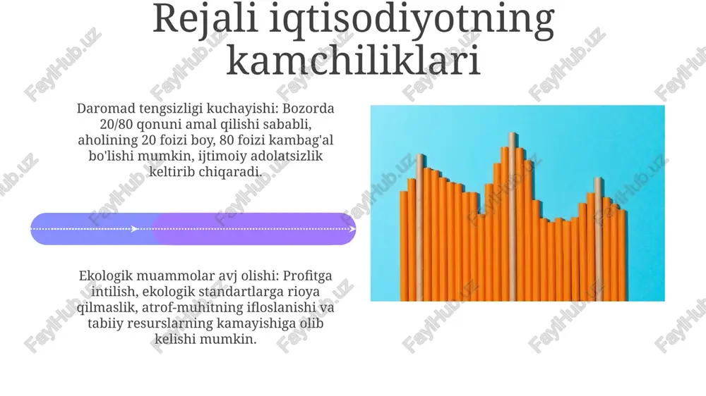 dan ortiq resurslarga ta'sir ko'rsatdi. narxlarni liberallashtirish davrida inflyatsiya ko'tarilishi, ayniqsa 1990-yillarda, aholining real daromadlarini pasaytirdi va ijtimoiy tengsizlikni kuchaytirdi. muammoni hal qilish strategiyalari muammoni aniq ta'riflash, maqsadni belgilash, mavjud resurslarni baholash va 80/20 qoidasiga amal qilish, eng muhim 20% sabablarga e'tibor qaratish strategiyasi mavjud. muammoni hal qilishda guruh bilan ishlash, 'miya hujumi' usulidan foydalanish, turli xil nuqtai nazarlarni qabul qilish va swot tahlili orqali kuchli va zaif tomonlarni aniqlash muhimdir. xulosa va istiqbollar xususiylashtirish natijasida 75% dan ortiq korxonalar xususiy sektorga o'tdi, bu esa raqobatni oshirdi va innovatsiyalarni rag'batlantirdi, lekin davlat nazoratini zaiflashtirdi. iqtisodiyotni liberallashtirish 2023 yilda eksport hajmini 15% ga oshirishga yordam berdi, lekin importga qaramlik va valyuta kursining o'zgaruvchanligi muammolarini keltirib chiqardi. e'tiboringiz uchun rahmat image4.png image5.jpg image6.jpg image7.jpg image8.jpg image9.jpg image10.jpg image11.jpg image12.jpg image13.jpg image14.jpg image15.jpg image16.jpg image17.jpg image18.jpg image19.jpg image20.jpg image21.jpg image1.jpeg image2.jpeg image3.jpeg