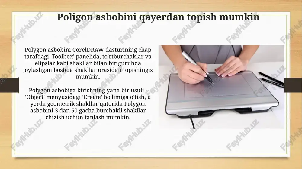 'ayrioddiy, nostandart geometrik shakllarni osongina loyihalashtirish mumkin. polygonlar bilan bezak elementlarini yaratish ko'pburchak asbobi orqali 3 dan 10 gacha burchakli shakllarni yaratish mumkin, ularni dekorativ elementlar sifatida ishlatish uchun aylantirib, o'lchamini o'zgartiring. spiral va ko'pburchaklarni birlashtirib, coreldraw dasturida murakkab bezak elementlarini yaratish, ularni noyob naqsh va dizaynlarda qo'llash imkonini beradi. polygonlardan naqshlar yasash ko'pburchaklarni birlashtirib, geometrik naqshlar yaratishda 'ctrl' tugmasi orqali teng tomonli shakllarni hosil qilish 6 va undan ortiq burchakli shakllar bilan murakkab dizaynlarni yaratishga yordam beradi. ko'pburchaklarni aylantirish va takrorlash orqali 360 gradusga bo'linadigan 12 yoki undan ortiq nusxalarni yaratish orqali g'ildiraksimon naqshlar yaratish mumkin, bu esa simmetriya effektini beradi. maslahatlar va fokuslar ko'pburchaklarni yaratishda ctrl tugmasini bosib turing, shunda ular 90 graduslik burchaklarda to'g'ri yo'nalishda chiziladi va mukammal shakllar hosil qilinadi. ko'pburchak vositasi xususiyatlar panelida 'points or sides' parametrini o'zgartirib, ko'pburchakning burchaklari sonini 3 dan 500 gacha sozlash mumkin. e'tiboringiz uchun rahmat image7.png image8.jpg image9.jpg image10.jpg image11.jpg …