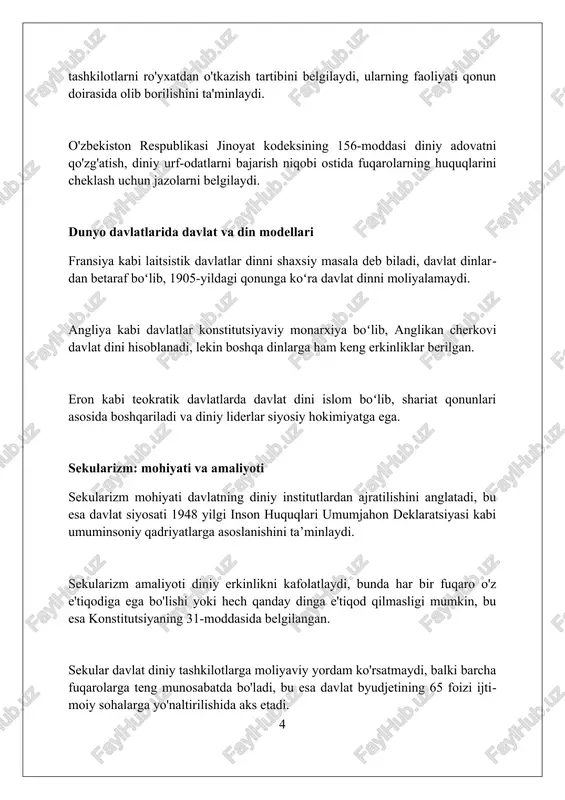 a ham namoyon bo'ladi. islomiy ma'rifat markazlari, masalan, imom buxoriy xalqaro ilmiy-tadqiqot markazi, oʻzbekistonda islomiy ta'lim va tadqiqotlarni rivojlantirishda, islomiy merosni o'rganishda muhim rol o'ynaydi. o'zbekiston konstitutsiyasining 61-moddasida din davlatdan ajratilganligi belgilangan, shu bilan birga, davlat dinlararo totuvlikni ta'minlash va diniy tashkilotlarni qo'llab-quvvatlash bo'yicha siyosat olib boradi. diniy tashkilotlarning huquqlari va majburiyatlari diniy tashkilotlar mulkka egalik qilish huquqiga ega, lekin ularning mol-mulki qonuniy manbalardan kelib chiqishi va maqsadli ishlatilishi shart. bu 1998-yilgi qonun bilan tartibga solinadi. diniy tashkilotlar davlat organlari bilan o'zaro munosabatlarda teng huquqlidir, ammo siyosiy partiyalarning faoliyatida ishtirok etish yoki ularni moliyalashtirish taqiqlanadi. bu konstitutsiyaning 61-moddasida belgilangan. diniy tashkilotlar o'z a'zolarini diniy ta'lim olishga yo'naltirish huquqiga ega, ammo bu ta'lim davlat ta'lim standartlariga zid bo'lmasligi kerak. 2016-yilgi qonun bu talabni mustahkamlaydi. davlatning diniy ta'limga munosabati o'zbekiston konstitutsiyasining 57-moddasida davlat ta'lim tizimi dinlardan ajratilganligi belgilab qo'yilgan. bu dunyoviy ta'limni kafolatlaydi va diniy targ'ibotni taqiqlaydi. ta'lim to'g'risidagi qonunning 7-moddasiga ko'ra, …