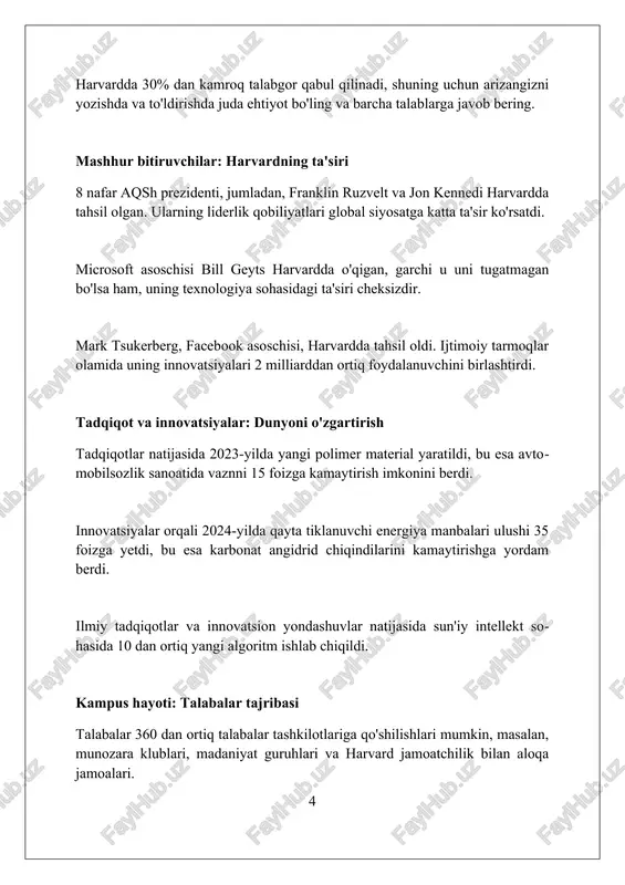 shlab chiqishadi. harvard global research institutes dunyo bo'ylab 12 ta markazga ega bo'lib, 20 million aqsh dollaridan ortiq mablag'ni iqlim o'zgarishi va sog'liqni saqlash kabi global muammolarni hal qilish uchun sarflaydi. harvardning xalqaro almashinuv dasturlari 150 dan ortiq mamlakatdan talabalarni jalb qiladi va ularga turli xil madaniy muhitda o'qish va tadqiqot olib borish imkoniyatini beradi. tanqid va munozaralar: harvardga qarshi argumentlar garvardning kirish darajasi o'ta raqobatbardosh, faqatgina 3-4% abituriyentlar qabul qilinadi, bu esa ta'limning elitist tabiatini va tengsizlikni kuchaytiradi, deb ta'kidlanadi. tanqidchilar garvardning katta hajmdagi badallari (50 milliard dollardan ortiq) soliqdan ozod qilinishi adolatdan emas, bu pullarni jamiyatning boshqa sohalariga yo'naltirish kerak, deb hisoblashadi. garvardning bitiruvchilari ko'pincha yuqori lavozimlarni egallashadi, bu esa ijtimoiy tengsizlikni chuqurlashtiradi va o'qish imkoniyatlari uchun 'kim kimga bog'liq' muhitini yaratadi, degan iddaolar bor. harvardning kelajagi: rivojlanish tendensiyalari harvard sun'iy intellekt, ma'lumotlar faniga 2023-yilda katta e'tibor qaratib, o'quv dasturlari va tadqiqotlarda chuqur integratsiyani rivojlantiradi, transdistsiplinar yondashuvni kuchaytiradi. …