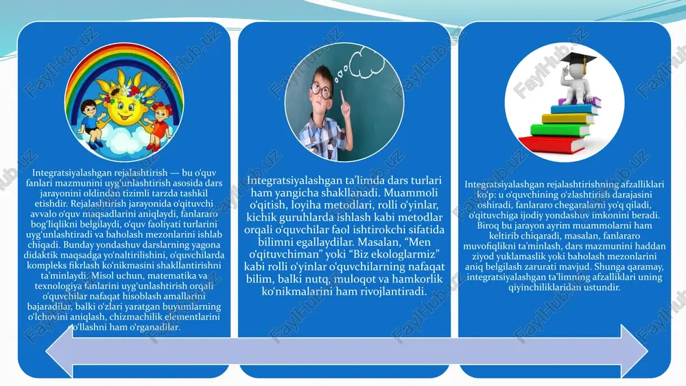 integratsiya jarayonida o‘qituvchi o‘z ustida muntazam ishlashi zarur. chunki fanlararo bog‘liqlikni ta’minlash uchun o‘qituvchi bir necha yo‘nalishdagi bilimga ega bo‘lishi kerak: pedagogika, psixologiya, didaktika, informatika va metodika. bu esa o‘qituvchidan keng dunyoqarash, ijodiy fikrlash va yangilikka ochiqlikni talab etadi. shuning uchun bugungi kunda o‘qituvchilarni qayta tayyorlash va malakasini oshirish jarayonida integratsion yondashuvga alohida e’tibor qaratilmoqda. integratsiyalashgan darslarni tashkil etishning samarali yo‘llaridan biri bu loyiha asosida o‘qitishdir. loyiha metodida o‘quvchilar muayyan mavzuga doir topshiriqlarni mustaqil yoki guruh bo‘lib bajaradilar. masalan, “o‘zbekistonning tabiat boyliklari” mavzusida o‘quvchilar tabiatshunoslik fanidan ma’lumot yig‘ishadi, ona tili fanidan matn yozadilar, tasviriy san’at fanidan esa xarita yoki rasm chizadilar. natijada o‘quvchi bilimni o‘z faoliyati orqali egallaydi, bu esa ta’limning samaradorligini oshiradi. integratsiyalashgan ta’limning afzalliklari juda ko‘p. birinchidan, u o‘quvchilarda tizimli, mantiqiy fikrlashni rivojlantiradi. ikkinchidan, o‘qituvchi va o‘quvchi o‘rtasida faol muloqot yuzaga keladi, bu esa darsda demokratik muhitni yaratadi. uchinchidan, o‘quvchilar bilimni amaliyotda qo‘llashni o‘rganadilar, bu esa hayotga tayyorlikni …