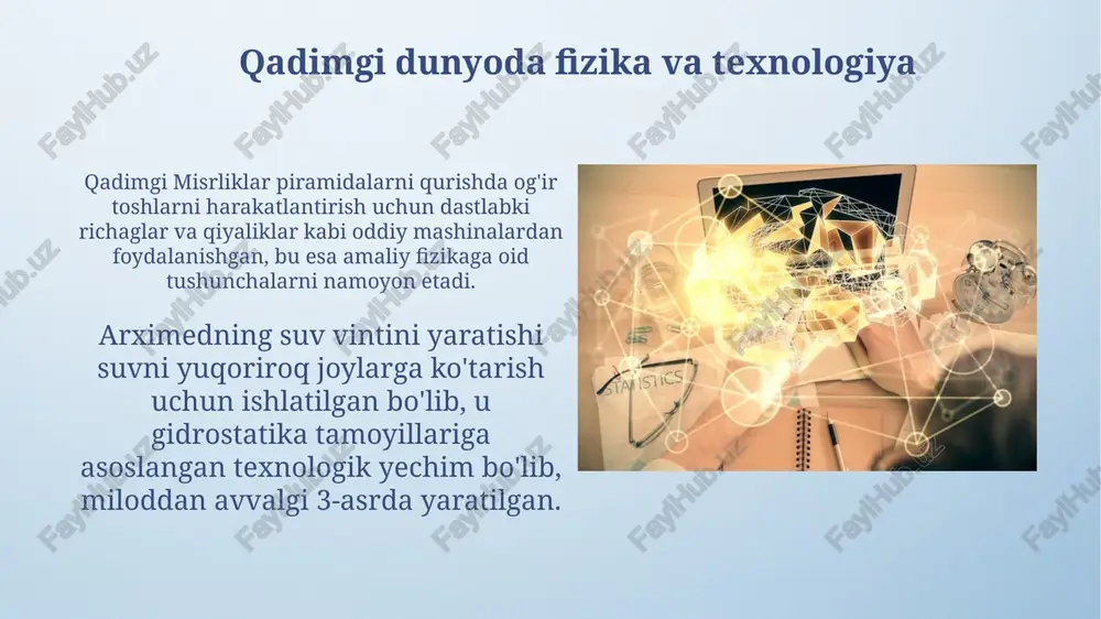 ng elektr o'tkazuvchanligi harorat va qo'shilmalar bilan o'zgaradi. bu xususiyatlar kompyuter xotirasi va protsessorlari uchun muhimdir. kosmik tadqiqotlar va astrofizika yutuqlari 1957-yilda sputnik 1 ning uchirilishi kosmik tadqiqotlarda katta qadam bo'ldi, yerning sun'iy yo'ldoshining mavjudligi va radioto'lqinlar orqali signallar uzatish imkoniyati isbotlandi. astrofizik kuzatuvlar, jumladan, hubble kosmik teleskopi orqali amalga oshirilgan, olis galaktikalar va kvazarlar haqida ma'lumot berib, koinotning kengayish tezligini aniqlashga yordam berdi. zamonaviy fizika va kelajak texnologiyalari kvant hisoblash, superpozitsiya va chigallik kabi kvant mexanikasi tamoyillaridan foydalanib, zamonaviy kompyuterlardan millionlab marta tezroq ishlash imkoniyatini yaratadi. materialshunoslikdagi nanoxalqalar va 2d materiallar kabi yutuqlar, kichikroq, tezroq va energiya tejaydigan elektronik qurilmalar, masalan, 1000 gigagertsli protsessorlar yaratishga olib keladi. fizika va texnologiyaning jamiyatga ta'siri fizika asosidagi yarimo'tkazgichli texnologiyalar 20-asr oxirida raqamli inqilobni boshlab, ma'lumot uzatish tezligini 10^9 marta oshirdi, global aloqa va iqtisodiyotni shakllantirdi. yadro fizikasidagi kashfiyotlar, masalan, 1930-yillarda atomni parchalash, energetika sohasida tub o'zgarishlar yasadi, 20-asr o'rtalarida 1000 mvt quvvatga …