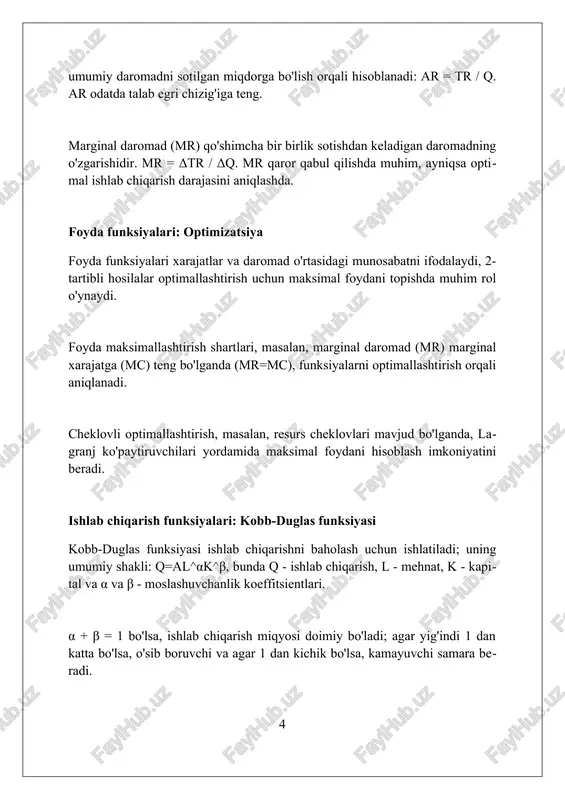 in. funksiyalar orqali iste'molchi va ishlab chiqaruvchi farovonligini o'lchash mumkin; masalan, ortiqcha iste'molchilar maydoni (1/2) * (100-10) * 50 = 2250 so'mni tashkil etishi mumkin. elastiklik tushunchasi funksiyalar yordamida ifodalanadi. narxning 1% o'zgarishi talabning 0.5% ga o'zgarishiga olib kelishi mumkin. talabning narx bo'yicha elastikligi koeffitsienti -0.5 ga teng bo'ladi. solik ta'sirini tahlil qilish soliq ta'sirini tahlil qilish, soliq stavkalarining 10% ga o'zgarishi natijasida talab va taklifning elastikligini hisobga olgan holda bozor muvozanatiga ta'sirini o'rganadi. soliq yukini taqsimlash, ishlab chiqaruvchilar va iste'molchilar orasida soliqning 25% dan qanchasi kimning zimmasiga tushishini baholash uchun talab va taklif egri chiziqlaridan foydalanadi. laffer egri chizig'i tahlili soliq stavkalari 30% dan yuqori bo'lganda, soliq tushumlarining maksimal darajaga yetishini va keyin pasayishini modellashtirishda qo'llaniladi. o'yinlar nazariyasi va reaksiya funksiyalari o'yinlar nazariyasida reaksiya funksiyalari bir o'yinchining optimal strategiyasini, boshqa o'yinchining tanloviga javoban ko'rsatadi, muvozanatni aniqlash uchun iterativ jarayonda qo'llaniladi. kurnoning duopoli modelida, reaksiya funksiyalari har bir firmaning optimal …