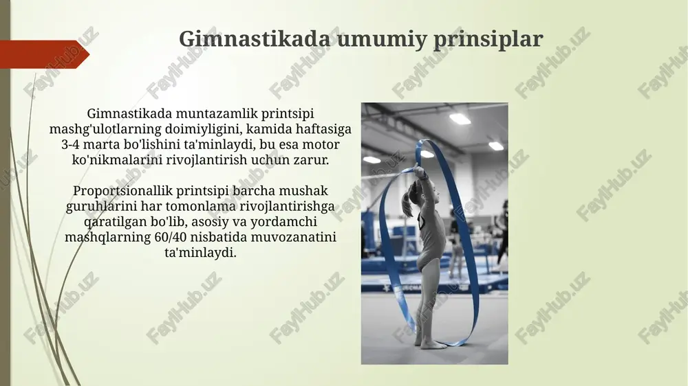 ar gimnastika zallarida xavfsizlikni ta'minlash uchun kamida 10 metrlik balandlikdagi shift va 2 metrlik xavfsizlik zonasiga ega bo'lishi shart. turniklar, bruslar va halqalar kabi uskunalar yuk ko'tarish qobiliyatiga ega bo'lishi va har bir mashqdan oldin 3 marta tekshirilishi lozim. xulosa xulosa shuni ko'rsatadiki, gimnastika mashqlari koordinatsiya, muvozanat va moslashuvchanlikni rivojlantirishda 90 foizgacha samaradorlikni namoyon etadi, bu sportchining umumiy tayyorgarligini oshiradi. tadqiqot natijalari gimnastika tamoyillari, xususan, yuklamalarning progressivligi (10-15% ga asta-sekin oshirish) va individual yondashuv (dasturni sportchining qobiliyatiga moslashtirish) muhimligini tasdiqlaydi. e'tiboringiz uchun rahmat image1.jpg image2.jpg image3.jpg image4.jpg image5.jpg image6.jpg image7.jpg image8.jpg image9.jpg image10.jpg image11.jpg image12.jpg image13.jpg image14.jpg image15.jpg image16.jpg image17.jpg