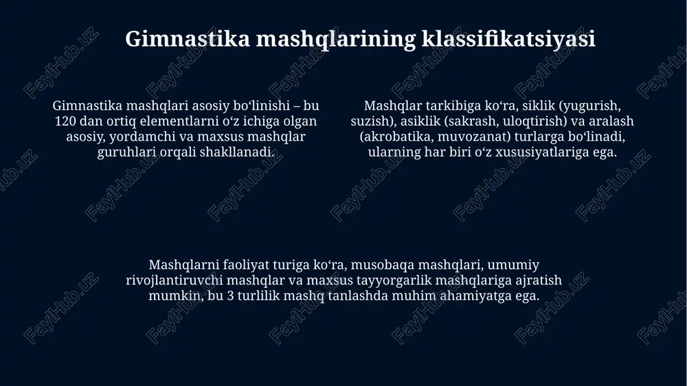 yorgarlik 5-darajali qiyinlikdagi elementlarni bajarish uchun poydevor yaratadi, bunda sportchining harakat tezligi, aniqligi va koordinatsiyasi muhim ahamiyatga ega. gimnastikada texnik tayyorgarlik asosiy harakat elementlarini o'rganishni o'z ichiga oladi, masalan, sakrashlar, aylanmalar va muvozanat saqlash texnikasi, ularni mukammallashtirishga qaratiladi. texnik tayyorgarlikda 180 graduslik burilishlar, qo'llarni to'g'ri joylashtirish va tana holatini nazorat qilish kabi detallarga e'tibor qaratiladi, bu esa harakatning samaradorligini oshiradi. gimnastikada jismoniy tayyorgarlik gimnastikada jismoniy tayyorgarlikning asosiy maqsadi harakat sifatini oshirish, bunda muvozanatni saqlash, sakrash balandligini va egiluvchanlik darajasini orttirish muhimdir. umumiy jismoniy tayyorgarlik (ujtt) gimnastikachining barcha asosiy jismoniy fazilatlari, masalan, kuch, chidamlilik va tezlikni rivojlantirishga qaratilgan mashqlar kompleksini o'z ichiga oladi. maxsus jismoniy tayyorgarlik (mjtt) gimnastika elementlarini bajarish uchun zarur bo'lgan aniq mushak guruhlarini mustahkamlashga qaratilgan, bu 70-80% mashqlarni tashkil qiladi. gimnastikada psixologik tayyorgarlik gimnastikachilarni musobaqalarga tayyorlashda psixologik treningning ahamiyati 70% gacha yetishi mumkin, bu ularning ijro sifatiga ta'sir etadi. musobaqalar oldidan psixologik tayyorgarlikda 3-5 kun davomida diqqatni jamlash, …