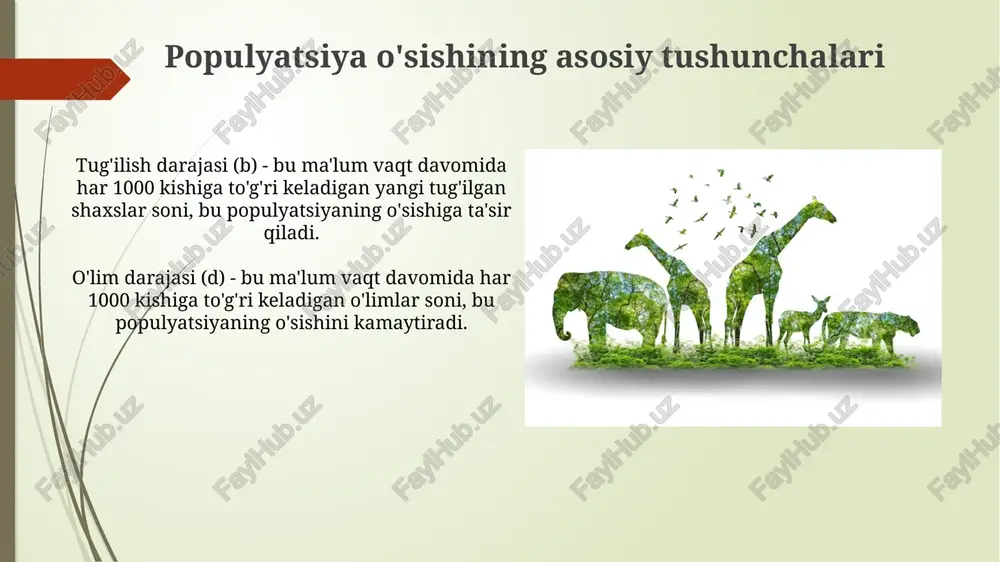 turlarini o'z ichiga oladi. konservatsiya va saqlash usullari in-situ konservatsiya biologik xilma-xillikni tabiiy muhitda, masalan, qo'riqxonalar yoki milliy bog'lar kabi joylarda saqlashni o'z ichiga oladi, bu esa 80% biologik xilma-xillikni himoya qiladi. ex-situ konservatsiya, masalan, botanika bog'lari va urug'lik banklari, o'simlik va hayvonot turlarini ularning tabiiy muhitidan tashqarida saqlaydi, bu orqali 50000 dan ortiq o'simlik turlari saqlanadi. misollar va tadqiqotlar yirtqich hayvonlarning o'ljasi dinamikasi bo'yicha lotka-volterra modeli, o'ljilar soni oshishi yirtqich hayvonlar sonining o'sishiga olib kelishini ko'rsatadi, keyin esa aksincha jarayon kuzatiladi. o'simliklar populyatsiyalari bo'yicha tadqiqotlar, masalan, o'rmonda daraxtlar zichligi, resurslar cheklanganligi sababli logistik o'sish modeliga mos kelishini aniqlagan. xulosa populyatsiya egri chizig'ini tahlil qilish orqali, ekologik muvozanatning muhimligini anglash va turli omillar (masalan, resurslar cheklanganligi) tufayli ro'y beradigan dinamik o'zgarishlarni kuzatish mumkin. o'simliklar va hayvonlar populyatsiyalarining o'zgarish dinamikasini o'rganish orqali, resurslardan oqilona foydalanish va bioxilma-xillikni saqlash bo'yicha samarali strategiyalarni ishlab chiqish zarur. e'tiboringiz uchun rahmat image1.jpg image2.jpg image3.jpg image4.jpg …