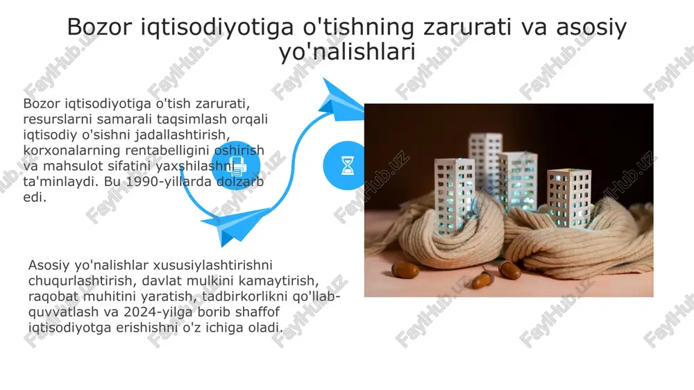 li 3 milliondan ortiq pensionerning farovonligi oshirildi. 2017-2021 yillarda “obod qishloq” va “obod mahalla” dasturlari doirasida infratuzilmani yaxshilash, jumladan, 1000 dan ortiq ta’lim va tibbiyot muassasalari modernizatsiya qilindi. ijtimoiy sohada amalga oshirilgan islohotlar bozor munosabatlarining rivojlanishidagi muammolar narxlarni tartibga solishning davom etishi ba'zi tovarlar narxlarining sun'iy ravishda past bo'lishiga olib keladi, bu esa 20-30% miqdorida defitsitni keltirib chiqaradi va bozor muvozanatini buzadi. kichik biznesni kreditlashning yetarli emasligi, garov talablarining yuqoriligi va foiz stavkalarining 15-25% atrofida bo'lishi yangi korxonalarning rivojlanishini cheklaydi. kichik biznesni kreditlashning yetarli emasligi, garov talablarining yuqoriligi va foiz stavkalarining 15-25% atrofida bo'lishi yangi korxonalarning rivojlanishini cheklaydi. iqtisodiy islohotlarning istiqbollari raqamlashtirish iqtisodiy o'sishni tezlashtiradi, 2030 yilgacha yaimni 30% ga oshirish imkonini beradi, sun'iy intellekt texnologiyalari va katta ma'lumotlarni joriy etish orqali samaradorlikni oshiradi. davlat korxonalarini xususiylashtirish orqali bozor raqobatini kuchaytirish va investitsiyalarni jalb qilish, shu bilan birga, aksiyalarning kamida 15% xalq iposi orqali sotilishi rejalashtirilgan. xulosa va takliflar xususiy …