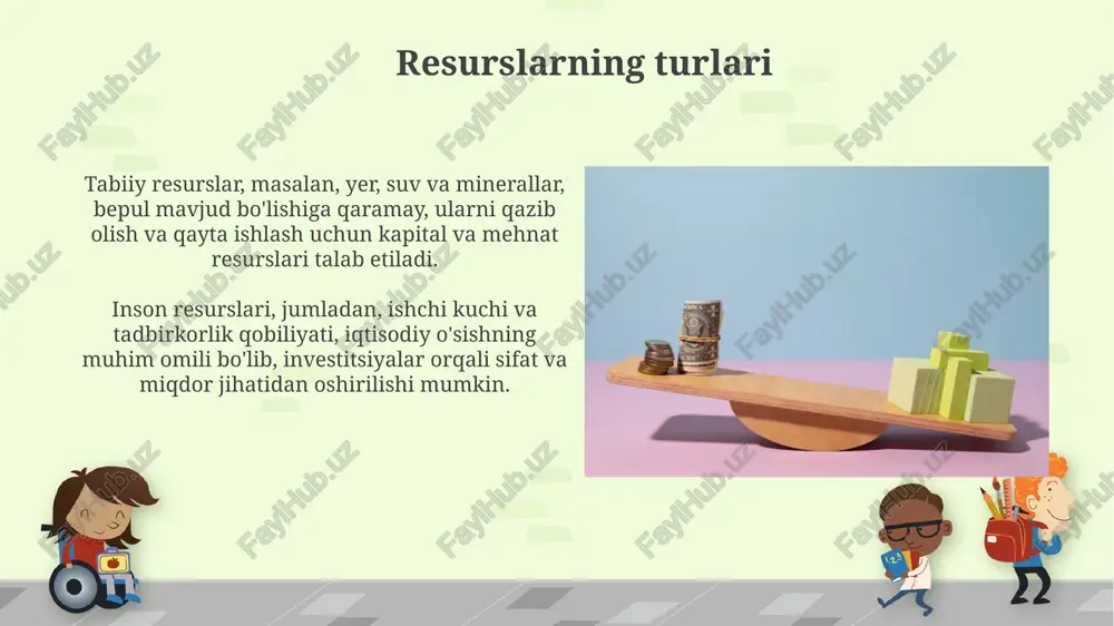 imoiy dasturlarni moliyalashtiradi va infratuzilmani rivojlantiradi, bu esa iqtisodiy tenglikni oshiradi va barqaror o'sishga yordam beradi. davlat iqtisodiy tanlovga ta'sir o'tkazish uchun qonunlar, standartlar va qoidalarni o'rnatadi, masalan, atrof-muhitni muhofaza qilish standartlari 10% ga oshirilishi mumkin. xulosa xulosa shuni ko'rsatadiki, 10 trillion so'mlik resurslarni taqsimlashda, alternativalar ichidan eng samarali ishlab chiqarish usulini tanlash muhim ahamiyatga ega. iqtisodiy tanlovlar cheklangan 5 milliard dollarlik resurslar bilan amalga oshirilganda, har bir qaror muqobil xarajatlarni va imkoniyatlarni yo'qotishni anglatadi. e'tiboringiz uchun rahmat image6.jpg image7.jpg image8.jpg image9.jpg image10.jpg image11.jpg image12.jpg image13.jpg image14.jpg image15.jpg image16.jpg image17.jpg image18.jpg image19.jpg image20.jpg image21.jpg image22.jpg image1.png
