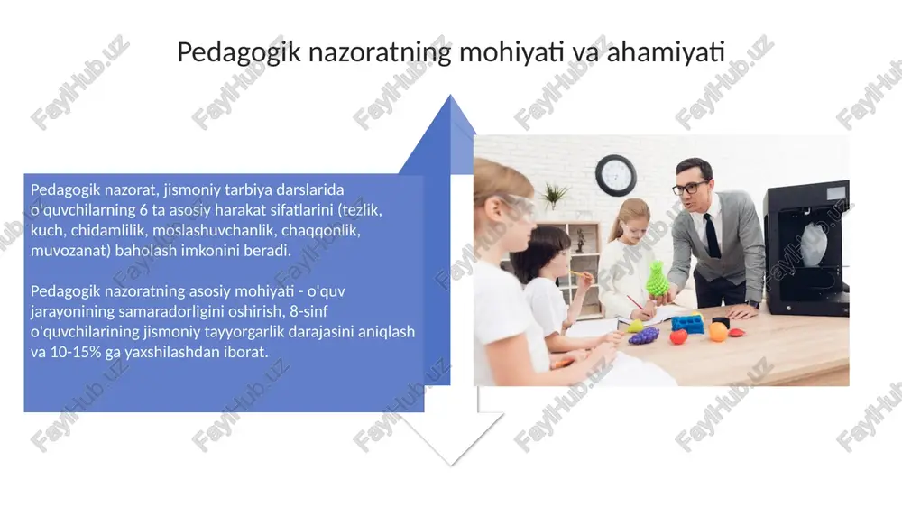 eradi. tavsiyalar ishlab chiqish tavsiyalar ishlab chiqishda 10 ta asosiy ko'rsatkichni aniqlash, jismoniy faollik darajasini oshirish uchun 3 ta oddiy mashqni kiritish muhim hisoblanadi. pedagogik tahlil natijalariga ko'ra, 5 xil tavsiyalar ishlab chiqish, ularni 2 oy davomida sinovdan o'tkazish, o'zgarishlarni kuzatish kerak. xulosa "xulosa" qismi, darsning 40-45 daqiqasida yakunlanib, o'quvchilarning 5 asosiy kompetensiyasi bo'yicha erishgan natijalari qisqacha tahlil qilinadi. pedagogik tahlilning "xulosa" bosqichi, 3 muhim yo'nalishni o'z ichiga oladi: maqsadga erishish darajasi, xatolarni tuzatish usullari va kelgusi dars rejalari. e'tiboringiz uchun rahmat image3.png image4.jpg image5.jpg image6.jpg image7.jpg image8.jpg image9.jpg image10.jpg image11.jpg image12.jpg image13.jpg image14.jpg image15.jpg image16.jpg image17.jpg image18.png image19.jpg image20.jpg image21.jpg image1.jpeg image2.jpeg