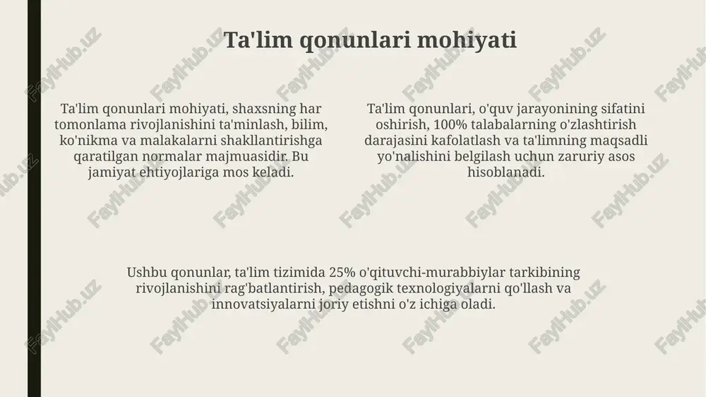 munosabatlar orqali shaxsiy xususiyatlar shakllanadi. ta'lim muassasasining ta'lim va tarbiya qonunlaridagi roli ta'lim muassasalarining nizomlari, o'zbekiston respublikasining 47-sonli qonun hujjatlari asosida ishlab chiqiladi va ularning faoliyatini tartibga soladi. ta'lim muassasalari o'quvchilarga 2024-yilgi ta'lim standartlari asosida bilim berish, ularning 16 yoshdan boshlab kasbiy yo'nalishini aniqlashga yordam beradi. ta'lim muassasasi tarbiya jarayonida o'quvchilarning 5 ta asosiy xususiyatini (axloq, ma'naviyat, madaniyat, jismoniy, aqliy) rivojlantirishi shart. oila va jamiyatning ta'lim va tarbiya qonunlaridagi roli oila kodeksining 77-moddasiga ko'ra, ota-onalar farzandlarini tarbiyalash huquqiga ega va bu majburiyat ularga yuklatilgan, jamiyat esa bu jarayonni kuzatadi. ma'muriy javobgarlik to'g'risidagi kodeksning 47-moddasi ota-onalarning farzand tarbiyasidagi majburiyatlarini bajarmaganlik uchun javobgarlikni belgilaydi, bu jamiyat nazoratining bir ko'rinishi. ta'lim to'g'risidagi qonunning 6-moddasi oilaning ta'limdagi ustuvor rolini belgilaydi, jamiyat esa ta'lim sifatini nazorat qilib, teng imkoniyatlar yaratilishini ta'minlaydi. ta'lim qonunlarini amalga oshirishdagi muammolar ta'lim standartlarini implementatsiyasida 20% ga yetgan moliyaviy resurslar tanqisligi, zamonaviy o'quv qurollari va texnologiyalar bilan ta'minlashda qiyinchiliklar tug'dirmoqda. pedagog …