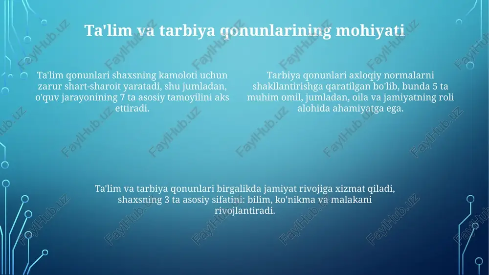 m siyosatini shakllantirishda muhim rol o'ynaydi. kasbiy ta'limda axloqiy me'yorlar kasbiy ta'limda adolat me'yori talabalarga teng imkoniyatlar yaratishni, baholashda xolislikni va 100% shaffoflikni ta'minlashni talab etadi. adolat har bir talabaning rivojlanishiga zamin yaratadi. kasbiy ta'limdagi mas'uliyat me'yori o'qituvchilarning o'z vazifalariga vijdonan yondashuvini, talabalarning esa o'z o'qishlariga 100% sodiqligini anglatadi va natijada yuqori sifatli ta'lim beradi. kasbiy ta'limda halollik me'yori o'qituvchilarning o'z so'zida turishini, talabalarning esa plagiatdan saqlanishini, ishlarida 99% to'g'rilikka intilishini va shaffoflikni qadrlashni nazarda tutadi. ta'lim sifatini baholash mezonlari o'quv dasturlari mazmunining zamonaviy talablarga mosligi 70% dan kam bo'lmasligi kerak, bunda talabalarning amaliy ko'nikmalari muhim o'rin tutadi. bitiruvchilarning so'rovnomalari va ish beruvchilarning fikrlari asosida kamida 80% ixtisoslik bo'yicha ish bilan ta'minlanganligi sifat ko'rsatkichi hisoblanadi. o'qituvchilarning malaka oshirish darajasi va ilmiy unvonlari 90% dan yuqori bo'lishi lozim, bunda pedagogik texnologiyalar asosiy mezon sifatida baholanadi. o'zbekistonda ta'lim sohasidagi qonunchilik o'zbekiston respublikasining "ta'lim to'g'risida"gi qonuni (2020-yil, o'rq-637-son) ta'lim tizimini isloh qilish, sifatini …