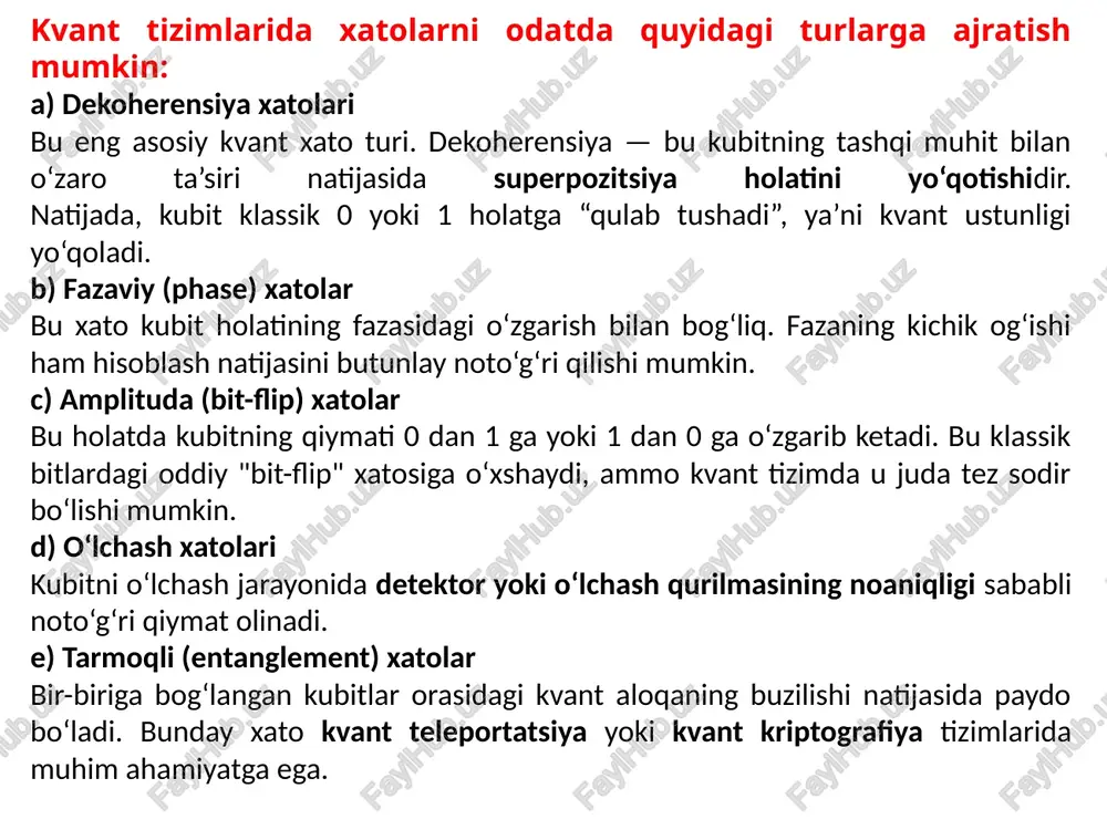 algoritmlari yanada mukammallashib, haqiqiy barqaror kvant kompyuterlar paydo bo‘lishiga yo‘l ochadi. xulosa kvant texnologiyalar — bu zamonaviy raqamli tizimlarning eng ilg‘or yo‘nalishlaridan biridir. ular ma’lumotni kubitlar yordamida qayta ishlaydi, bu esa hisoblash tezligi va imkoniyatlarini klassik kompyuterlarga nisbatan minglab marta oshiradi. biroq, kvant tizimlarning asosiy muammosi — xatolardir. kvant xatolar dekoherensiya, fazaviy siljish, amplituda o‘zgarishi yoki o‘lchashdagi noaniqlik natijasida paydo bo‘ladi. ushbu xatolar kubitlarning holatini buzadi, natijada hisoblash aniqligi pasayadi, barqarorlik yo‘qoladi, va raqamli qurilmalarning ishonchliligi kamayadi. raqamli qurilmalarda, xususan kvant kompyuterlar va kvant aloqa tizimlarida, xatolarni bartaraf etish uchun maxsus kvant xato tuzatish (quantum error correction) usullari ishlab chiqilgan. masalan, shor kodi, steane kodi va surface code kabi yondashuvlar kubit holatini himoya qiladi hamda xatolarni aniqlab, ularni to‘g‘rilash imkonini beradi. shunday qilib, kvant xatolarni kamaytirish va ularni samarali tuzatish texnologiyalarining rivojlanishi — kelajakdagi ishonchli va barqaror kvant kompyuterlarni yaratishning eng muhim sharti hisoblanadi. foydalanilgan adabiyotlar nielsen, m. a., & …