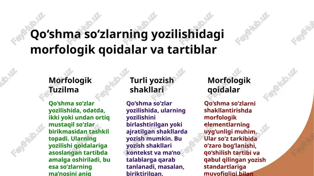 i belgilaydi. bu ikki asos birgalikda qo‘shma so‘zlarning to‘g‘ri yozilishi va ma’nosining aniq bo‘lishini ta’minlaydi. 2 o‘zaro ta’sir jarayonlari morfologik va sintaktik qoidalar bir-biriga ta’sir qilgan holda, yangi shakllar va yozish uslublarining rivojlanishini shakllantiradi. bu jarayonlar tilning rivojlanishida madaniyat va an’analarning o‘ziga xos rolini o‘ynaydi. 3 praktik misollar va qoidalar masalan, "yoshlar" va "o‘rta" so‘zlarining qo‘shilishi bilan "yoshlar o‘rtasi" yoki "yosh o‘rtasi" shakllari hosil bo‘ladi, bu esa morfologik va sintaktik bog‘liqlikning amaliy misolidir. qo‘shma so‘zlarni shakllantirishda qabul qilingan qoidalar va misollar 01 qo‘shma so‘zlarning yozilishi qoidalari qo‘shma so‘zlarni shakllantirishda yozish qoidalariga alohida e’tibor qaratiladi. ular bog‘lanish usuliga va ma’noga qarab farqlanadi. 02 birlashtirish usullari qo‘shma so‘zlar birlashish usullari bo‘yicha ajratiladi: to‘liq birikma, qisqa birikma va bog‘langan shakl. har bir turi o‘z yozilish qoidalariga ega. 03 misollar va amaliyot masalan, "kitob-poligon" yoki "yashil bog‘" kabi, qoidalar asosida yozilgan qo‘shma so‘zlar ko‘plab misollar bilan tasdiqlanadi va tilamizda keng qo‘llanadi. madaniy nuqtai nazardan …