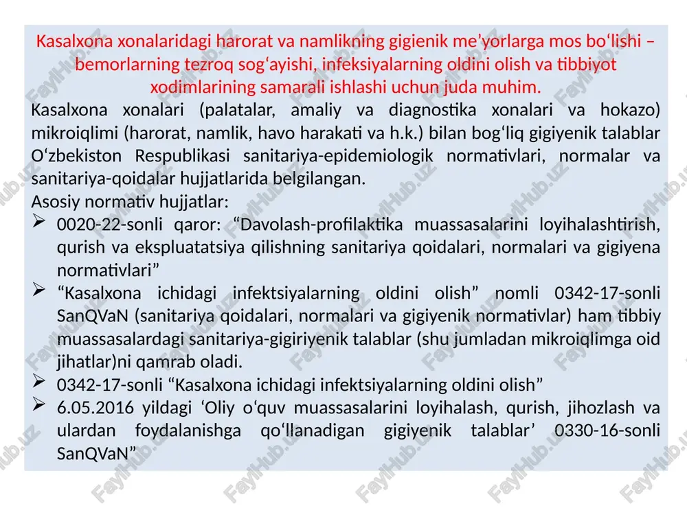 , zaif immunitetli bemorlar uchun jiddiy xavf tug‘diradi. yuqumli kasalliklar havo-tomchi yo‘li orqali tez tarqaladi, bu esa nosanitariya holatlarda kasalxonani infeksiya o‘chog‘iga aylantirib qo‘yishi mumkin. shu boisdan kasalxonalarda mikroiqlim holatini doimiy nazorat qilish, ventilyatsiya tizimlarini yangilash, xona tozaligini saqlash, dezinfeksiya va shamollatish ishlarini muntazam olib borish — gigienaning ajralmas qismi hisoblanadi. ayniqsa, operatsion xonalar, reanimatsiya va tug‘ruq bo‘limlari kabi sezgir hududlarda bu talablar yanada qat’iy bajarilishi shart. image1.png image2.png image3.png image4.jpeg /docprops/thumbnail.jpeg