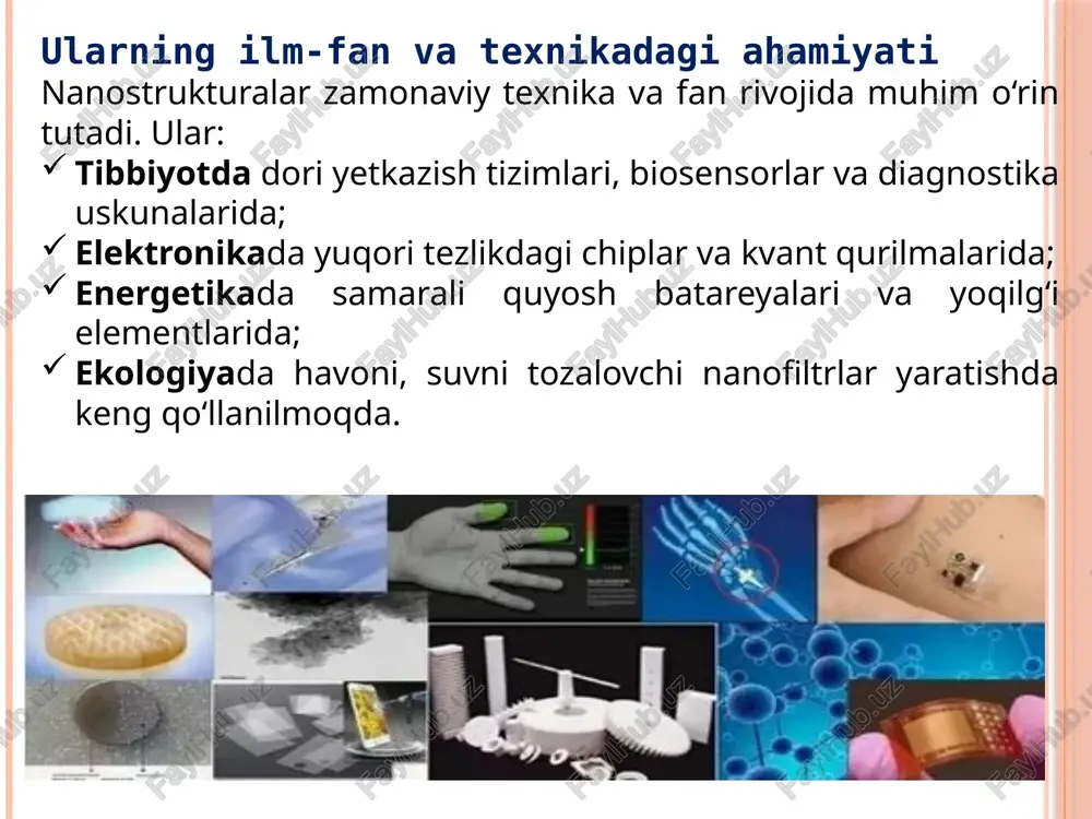 mlakatning ilmiy, texnologik va iqtisodiy salohiyatini sezilarli darajada oshiradi. foydalanilgan adabiyotlar nanotechnology advancements: from materials science to medicine (2023) – h. hakimovich haydarov, b. alishovich kushimov. american journal nanotechnology in medicine (2024) – kumushxon xadjayeva. innoist.uz technology of production of nanomaterials (2023) – ilxomjon xamrakulov. in-academy.uz study of electrophysical properties of a solar cell with nano‑hetero junctions (2025) – e.z. imamov va boshqalar. eco-vector journals portal o‘zbekistondagi manbalar milliy universiteti nomi bilanoq mirzo ulug‘bek huzuridagi nanotexnologiyalarni rivojlantirish markazi faoliyati: ilmiy‑ta’lim va nanotexnologiyalarni ishlab chiqarishga joriy etish borasida. new.nuu.uz+1 ion‑plazma va lazer texnologiyalari instituti laboratoriyasi: o‘zbekistonda nanostrukturalar ustida ilmiy izlanishlar olib borilmoqda. image2.jpeg image3.jpeg image4.jpeg image5.jpeg image6.jpeg image7.jpeg image8.jpeg image9.gif image10.jpeg image11.png image12.jpeg image13.png /docprops/thumbnail.jpeg