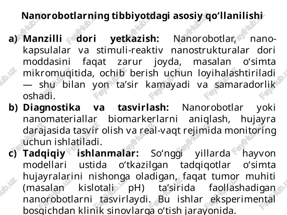 ) massaning o‘zgarishi sirtning kimyoviy holati kabi parametrlarning o‘zgarishini qayd qiladi. ushbu signal kompyuter orqali qayta ishlanadi va natija ekranda aks ettiriladi. nanoanalizatorlardan foydalanish misollari pcr nano-analizatorlar – covid-19, gripp, gepatit kabi viruslarni aniqlaydi qon plazmasi nano-testlari – yurak xurujidan oldin paydo bo‘ladigan troponin oqsilini erta aniqlaydi nano-chipli "lab-on-a-chip" qurilmalari – bir necha tomchi qondan to‘liq biokimyoviy tahlil qiladi saraton nanodiagnostikasi – o‘simta hujayrasining yuzasidagi cd-markerlarni aniqlaydi nanoanalizatorlar diagnostika sohasini tubdan o‘zgartirmoqda — kasalliklar endi belgilar chiqmasidan oldin aniqlanadi. bu esa: davolash samaradorligini oshiradi, bemor hayotini saqlab qoladi, tibbiy xarajatlarni kamaytiradi. xulosa nanobotlar, nano-sensorlar va nanoanalizatorlar tibbiyotda diagnostika, davolash va monitoring sohalarida inqilobiy o‘zgarishlarni olib kelmoqda. nanobotlar kasallangan hujayralarni aniqlash va ularni davolash uchun ishlatiladi, nano-sensorlar esa organizmdagi fiziologik parametrlarni yuqori aniqlik bilan o‘lchash imkonini beradi. nanoanalizatorlar esa biologik namunalarni tez va aniq tahlil qilishga yordam beradi. shu bilan birga, nanoteknologiyalarni qo‘llashda xavfsizlik, biokompatibilik va ishlab chiqarish xarajatlari kabi muammolar …