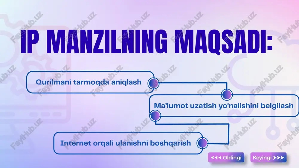 ik sozlash (avtomatik) statik sozlash (qo‘lda) ip manzil, subnet mask, gateway qo‘lda kiritiladi. odatda server, printer yoki doimiy qurilmalar uchun ishlatiladi. masalan: 192.168.1.10 dhcp server qurilmaga ip manzilni avtomatik beradi. uy yoki ofis tarmoqlarida keng qo‘llanadi. ⮜⮜⮜ oldingi keyingi ⮞⮞⮞ kompyuterimizning ip manzilini aniqlash uchun windowsda pusk=>vipolnit=>cmd=>ipconfig windows ip configuration. reja keyingi ⮞⮞⮞ ⮜⮜⮜ oldingi windows ⮜⮜⮜ oldingi keyingi ⮞⮞⮞ sozlamalar ⮜⮜⮜ oldingi keyingi ⮞⮞⮞ tarmoq va internet ⮜⮜⮜ oldingi keyingi ⮞⮞⮞ tarmoq parametrlarini ko'rish ⮜⮜⮜ oldingi keyingi ⮞⮞⮞ simsiz ulanish bo'limiga o'ting ⮜⮜⮜ oldingi keyingi ⮞⮞⮞ ⊞ win+x tugmasini bosing. kengaytirilgan boshlash menyusi ochiladi. ⮜⮜⮜ oldingi keyingi ⮞⮞⮞ ushbu parametr kengaytirilgan boshlash menyusida joylashgan. kompyuter parametrlari bilan oyna ochiladi. ⮜⮜⮜ oldingi keyingi ⮞⮞⮞ kompyuter nomini yozing. statik ip-manzilni o;rnatishni boshlash mumkin. ⮜⮜⮜ oldingi keyingi ⮞⮞⮞ ip va mac farqi ip manzil mac manzil tarmoqdagi manzil qurilmaning jismoniy manzili o‘zgaradi doimiy internetda ishlaydi mahalliy tarmoqda ishlaydi ⮜⮜⮜ oldingi keyingi ⮞⮞⮞ …