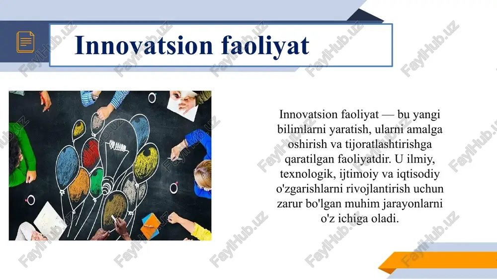 lgan ishlab chiqarish liniyalari: ishlab chiqarish jarayonlarini avtomatlashtirish orqali mahsulot sifatini yaxshilash va ishlab chiqarish xarajatlarini kamaytirish. logistika jarayonlarini optimallashtirish: yangi texnologiyalar orqali yuk tashish, omborlash va yetkazib berish jarayonlarini tezlashtirish va samarali qilish. marketing innovatsiyasi 3 raqamli marketing: internet va ijtimoiy tarmoqlar orqali reklama va targ'ibot faoliyatini olib borish. yangi brendlar yaratish yoki rebrending: kompaniya yoki mahsulot uchun yangi brend imidjini yaratish. tashkiliy innovatsiya 4 yangi boshqaruv tizimlari: korxona ichki jarayonlarini boshqarish uchun yangi tizimlarni joriy etish (masalan, "lean" metodologiyasidan foydalanish). masofaviy ishlash tizimlari: pandemiya davrida masofaviy ishlashning joriy etilishi, ya'ni ofisda ishlashdan uyda ishlashga o'tish. ekologik innovatsiya (yashil innovatsiya) 5 qayta tiklanuvchi energiya manbalari: quyosh panellari, shamol turbinalari va boshqa ekologik toza energiya tizimlarini ishlab chiqish. atrof-muhitga zararli bo'lmagan mahsulotlar: ekologik toza materiallar va biohududiy mahsulotlarni ishlab chiqish. sosial innovatsiya sotsial innovatsiya – bu ijtimoiy muammolarni hal qilish uchun yangi yondashuvlar va yechimlar yaratishdir. u ko'pincha ijtimoiy barqarorlik, …