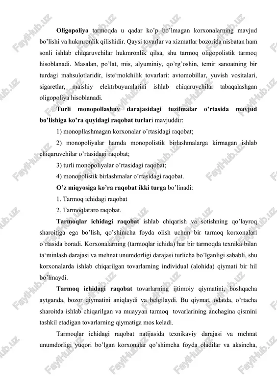 narx vositasida raqobatlashuvda kurashning asosiy usuli bo’lib, ishlab chiqaruvchilarning o’z tovarlari narxini boshqa ishlab chiqaruvchilarning shunday mahsulotlari narxiga nisbatan pasaytirishi hisoblanadi. narx vositasida raqobatlashish usullaridan biri – demping – narxlarni qo’llashdir. bunda milliy ishlab chiqaruvchilar o’zlarining tovarlarini boshqa mamlakatlarga ichki bozordagi narxlardan, ayrim hollarda tannarxidan ham past bo’lgan narxlarda sotadi. narxsiz raqobat shu bilan tavsiflanadiki, bunda raqobat kurashning asosiy omili tovarlarning narxi emas, balki uning sifati, servis xizmat ko’rsatish, ishlab chiqaruvchi firmaning obru-e‘tibori hisoblanadi. narxsiz raqobat usullari ichida marketing muhim ahamiyatga ega bo’lib, u mahsulot ishlab chiqarish va sotish jarayonini talabga moslashtiruvchi tadbirlar tizimidan iborat. 2-savol. monopoliyalarning iqtisodiy asosi va ularning turlari “monopoliya” atamasining kelib chiqishi bozorga oid tushunchalardan (ya‘ni, grekcha “monos” – yagona, bitta, va “poleo” - sotaman) tarkib topadi, biroq uning iqtisodiy asoslari aslida ishlab chiqarishga borib taqoladi. monopoliya – monopol yuqori narxlarni o’rnatish hamda monopol yuqori foyda olish maqsadida tarmoqlar, bozorlar va yaxlit makroiqtisodiyot ustidan hukmronlikni amalga …