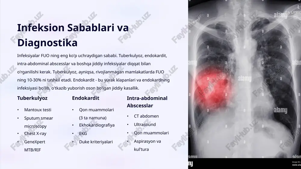 yaxshi natija 10% sababi noaniq o'zgaruvchan prognoz, muntazam kuzatuv zarur 9 ‹#› xulosa va klinik tavsiyalar kelib chiqishi ma'lum bo'lgan isitma bilan og'rigan bemorlarga tizmli yondashuv juda muhim. to'liq anamnez, jismoniy tekshiruv, laboratoriya va imaging testlari sababi aniqlanishiga yordam beradi. infeksiyalar, malignant kasalliklar va avtoimun kasalliklar eng ko'p uchraydigan sabablari bo'lib, har biri o'ziga xos diagnostika va davolash usullarini talab etadi. sababi noaniq bo'lgan holatda ham muntazam kuzatuv va qayta diagnostika davom ettiriladi. bemorlarga psixologik qo'llab-quvvatlash va tushuntirish davolash jarayonining muhim qismidir. zamonavoy diagnostika usullari va tizmli yondashuv fuo bilan og'rigan bemorlarda sababi aniqlanish ehtimolini sezilarli darajada oshiradi. muhim eslatma: fuo diagnostikasida sababi aniqlanish vaqti o'zgaruvchan bo'lib, ba'zi hollarda bir necha oyni olishi mumkin. muntazam kuzatuv, bemorlarga qo'llab-quvvatlash va sabab aniqlanishiga intilish juda muhim. zamonavoy diagnostika usullari va tizmli yondashuv klinik natijalarni yaxshilaydi. 10 image-1002-1.png image-1002-2.png image-1-1.png image-2-1.png image-3-1.png image-3-2.png image-3-4.png image-3-7.png image-3-10.png image-4-1.png image-5-1.png image-6-1.png image-8-1.png image-9-1.png image-9-2.png image-9-3.png …