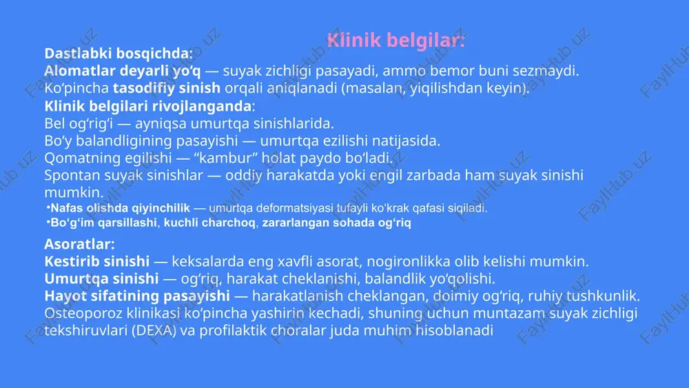 s keladi? a) normal suyak zichligi b) osteopeniya c) osteoporoz d) og‘ir anemiya etiboringiz uchun rahmat image6.png image7.png image8.png image9.png image10.png image11.png image12.png image13.png image14.png