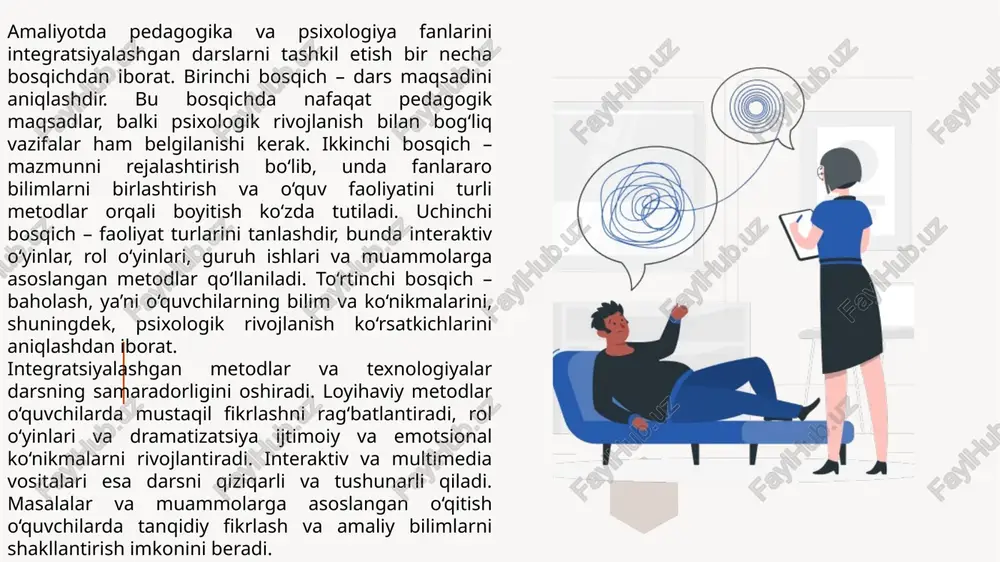a o‘z-o‘zini baholash metodlaridan foydalanadi. bundan tashqari, pedagogika va psixologiya integratsiyasi o‘quvchilarning shaxsiy rivojlanishiga ijobiy ta’sir ko‘rsatadi. ular o‘z qobiliyatlarini aniqlash, o‘zini baholash, mustaqil qaror qabul qilish va muammolarni hal qilish ko‘nikmalarini rivojlantiradi. shu bilan birga, integratsiyalashgan yondashuv o‘quvchilarda ijodiy fikrlashni rivojlantirishga, o‘zaro hurmat va hamkorlik ko‘nikmalarini shakllantirishga yordam beradi. kelajakda pedagogika va psixologiya fanlarini integratsiyalashgan holda qo‘llash imkoniyatlari yanada kengayadi. zamonaviy ta’lim texnologiyalari, interaktiv o‘quv platformalari va multimedia vositalari orqali darslarni yanada qiziqarli va samarali qilish mumkin. shu bilan birga, o‘qituvchilar va psixologlar hamkorligida individual rivojlanish rejalari tuzish, o‘quvchilarning psixologik xususiyatlarini hisobga olgan holda ta’lim jarayonini optimallashtirish imkoniyatlari mavjud. zagolovok prezentatsii 8 pedagogika va psixologiya fanlarini integratsiyalashgan yondashuv ta’lim jarayonida nafaqat o‘quvchilarning bilim darajasini oshiradi, balki ularning shaxsiy va ijtimoiy rivojlanishini ham qo‘llab-quvvatlaydi. masalan, dars davomida o‘quvchilarning individual xususiyatlarini hisobga olgan holda faoliyat turlarini tanlash ularning qiziqishi va motivatsiyasini oshiradi. vizual, auditoriy va amaliy faoliyatga asoslangan metodlarni qo‘llash orqali …