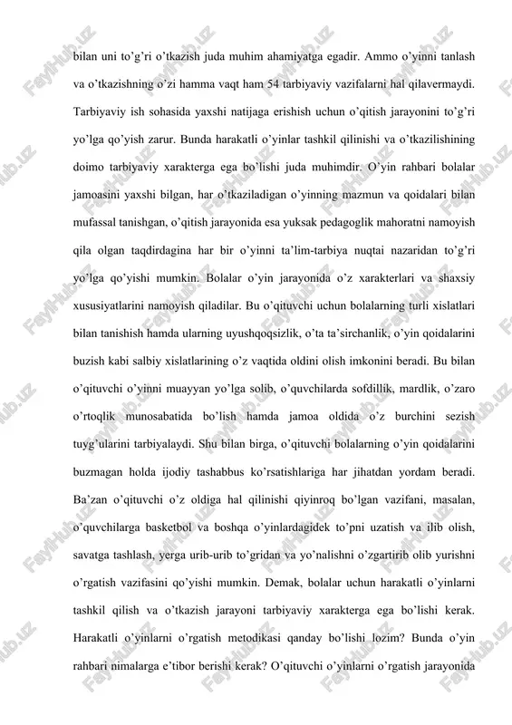 nib qilinadigan harakatlar bolalarda tashkilotchilik ko’nikmalarini tarbiyalashga yordam berishi kerak. bunga o’yinni o’tkazish uchun o’quvchilardan hakamlar va hakam yordamchilari tayinlash yo’li bilan erishiladi. o’qituvchi bolalarga o’ynatiladigan o’yinlar biror maqsadga erishishda muayyan qiyinchiliklarni yengish bilan bog’liq bo’lishi uchun o’yin jarayonida bajariladigan har bir vazifaning amalgam oshirilishiga erishishi va to’siqlarning qanday yengilayotganiga qarab, ularni murakkablashtirib borishi zarur. bu bolalarni mehnatsevarlikka o’rgatadi, ularning irodasini mustahkamlaydi. o’qituvchi o’yinni o’tkazishga tayyorgarlik ko’rish jarayonida o’yinning konkret vazifalarini belgilab chiqadi. bu vazifalar bolalarning yoshiga to’g’ri keladigan, ya’ni ular bajara oladigan bo’lishi kerak. o’yinni tashkil qilish va o’tkazishda o’quvchilarni imkon boricha tashabbus ko’rsatib o’ynaydigan o’yinlarda tashkilotchilik qobiliyatlariga ega bo’lgan aktiv kishilar tarbiyalanadi. belgilangan maqsadga erishish uchun o’rtog’iga yordam berish, mustaqil ravishda yoki o’rtoqlari bilan birgalikda darhol qaror qabul qilish – ijodiy tashabbuskorlikdir. agar bolalar o’yinni ilgariroq o’zlashtirib olgan bo’lsalar, o’yin paytida ularning aktivligi yanada ortishi mumkin. o’yin paytida bolalarning aktivlik ko’rsatishi o’qituvchining bu o’yinni o’tkazishga qanchalik tayyorlanganligiga ham …
