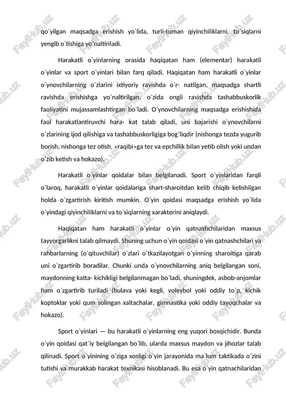 um taktikada o`zini tutishi va murakkab harakat texnikasi hisoblanadi. bu esa o`yin qatnachilaridan maxsus tayyor- garlik va mashqni talab qiladi. har bir sport o`yini belgilangan o`yinchilarning soniga, maydon o`lchamlari va asbob anjomlariga ega bo`ladi. ayrim sport o`yinlarida ba`zi o`yinchilarda mutaxassisligi bo`lishi zarurdir (hujumga, himoyaga, darvozabon va b.q). sport o`yinlarining u yoki bu o`yinida qat`iy qoidaga mos ravishda maxsus hakamlik qilishni talab qladi. ayrim sport o`yinlarida o`yin qatnashchilarining tarkibiga qarab bir necha marta (o`quvchilar yoki kattalar, erkaklar yoki o`smir qizlar) o`zgartirilishi mumkin. sport o`yinlari sport turi hisoblanadi. bular bo`yicha har xil darajadagi musobaqalar o`tkaziladi. natijada sport o`yinlari bo`yicha o`tkaziladigan musobaqalarda eng yaxshi o`yinchilarga sport razryad- lari va unvonlar beriladi. ayrim harakatli o`yinlar (masalan, «lapta», «voleybol» va hokazo) mashg`ulotning maqsadi, ko`rsatmasi va uni tashkil qilish usullariga bog`liq holda, ayrim holatlarda haqiqatan ham o`zining xarakteriga qarab harakatli (elementlari) o`yin deb yuritiladi, boshqalari esa sport o`yinlari sifatida o`tkaziladi. masalan, o`yin qatnashchilari tasodifan yig`ilib qolganda …