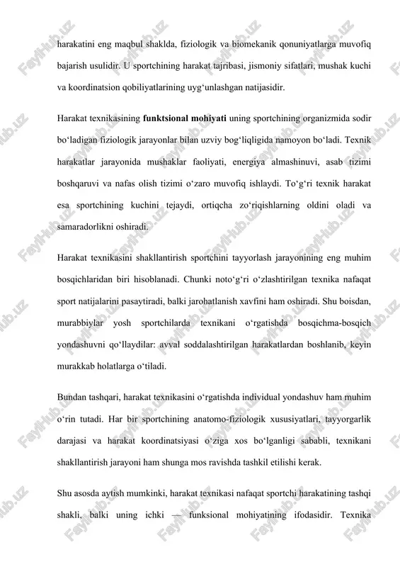 da ortiqcha kuch sarflanishini kamaytiradi, mushaklar faqat zarur bo‘lgan paytda va kerakli darajada faollashadi. bu sportchiga uzoq vaqt davomida samarali ishlash imkonini beradi. 2. mushak va asab tizimi muvofiqligi — texnik jihatdan mukammal harakatlar asab impulslarining to‘g‘ri yo‘nalishi, mushaklar faoliyatining aniq navbatma-navbatlikda ishga tushishi orqali amalga oshadi. 3. koordinatsiya va muvozanat — harakat texnikasi organizmning barcha qismlarining bir vaqtda muvofiq ishlashini ta’minlaydi. bu sportchiga har qanday holatda muvozanatni saqlash va aniqlik bilan harakat qilish imkonini beradi. 4. fiziologik moslashuv — to‘g‘ri texnikani o‘zlashtirish natijasida organizm harakat jarayoniga moslashadi: yurak urishi, nafas olish, qon aylanish va energiya almashinuvi optimal holatga keladi. 5. jarohatlardan himoya — texnik jihatdan to‘g‘ri bajarilgan harakatlar bo‘g‘imlar, paylar va mushaklarga ortiqcha yuk tushishini kamaytiradi, bu esa sport jarohatlarining oldini oladi. demak, harakat texnikasi — bu sportchining tashqi ko‘rinishdagi harakati emas, balki organizmning ichki funksional tizimlari faoliyatining uyg‘unlashgan ifodasidir. texnika mukammallashgan sayin sportchi harakatlari yanada samarali, tezkor va …