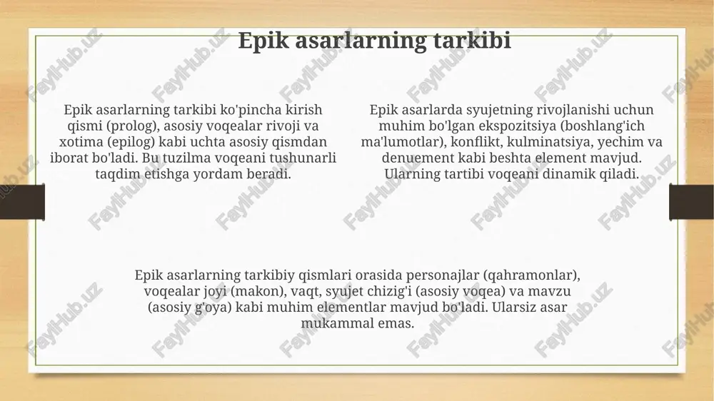 atilishi mumkin, atmosfera yaratish uchun. janrlar o'rtasidagi o'xshashliklar va farqlar uchala janrda ham personajlar mavjud bo'lib, ular orqali muallif o'zining asosiy g'oyalarini ifoda etadi; ularning xarakteri, motivatsiyasi va o'zaro munosabatlari asarning mazmunini 15-30% ga aniqlaydi. har uchala janr ham voqealarni hikoya qiladi, lekin epik asarlar keng miqyosda, lirik asarlar esa shaxsiy his-tuyg'ularga yo'naltirilgan, dramatik asarlar esa harakatga asoslangan 10-20 epizoddan iborat bo'lishi mumkin. lirik, epik va dramatik asarlar o'zida she'riyat unsurlarini mujassam etishi mumkin, masalan, ritm, qofiya va tasviriy til, lekin ularning qo'llanilishi janrga qarab sezilarli darajada farq qiladi; 30-40% farq bor. kompozitsiyaning janrlararo elementlari janrlararo kompozitsiyada 'leitmotiv' usuli qoʻllaniladi, bunda 1 ta obraz, fikr yoki hissiyot turli asarlarda 2-3 marta takrorlanib, mazmuniy bogʻliqlik yaratadi. dialoglar va monologlar dramatik asarlarda 3-4 qahramon oʻrtasida gʻoyalar almashinuvini taʼminlasa, epik asarlarda 1-2 asosiy personajning ichki kechinmalarini ochib beradi. 'exposition' elementlari epik asarlarda voqealarning 5w1h (kim, nima, qayerda, qachon, nima uchun, qanday) asosiy qismlarini …