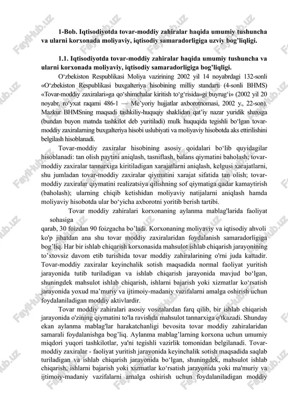 oki xizmatlar ko‘rsatish jarayonida yoxud ma’muriy va ijtimoiy-madaniy vazifalarni amalga oshirish uchun foydalaniladigan moddiy aktivlardir. tovar moddiy zahiralari asosiy vositalardan farq qilib, bir ishlab chiqarish jarayonida o'zining qiymatini to'la ravishda mahsulot tannarxiga o'tkazadi. shunday ekan aylanma mablag'lar harakatchanligi bevosita tovar moddiy zahiralaridan samarali foydalanishga bog’liq. aylanma mablag’larning korxona uchun umumiy miqdori yuqori tashkilotlar, ya'ni tegishli vazirlik tomonidan belgilanadi. tovar-moddiy zaxiralar - faoliyat yuritish jarayonida keyinchalik sotish maqsadida saqlab turiladigan va ishlab chiqarish jarayonida bo‘lgan, shuningdek, mahsulot ishlab chiqarish, ishlarni bajarish yoki xizmatlar ko‘rsatish jarayonida yoki ma'muriy va ijtimoiy-madaniy vazifalarni amalga oshirish uchun foydalaniladigan moddiy aktivlardir. mehnat buyumlari yoki boshqacha qilib aytganda, moddiy resurslar asosiy vositalar bilan bir qatorda ishlab chiqarishning asosiy elementlaridan biri hisoblanadi. ularning asosiy vositalardan farqi shundaki, materiallar har bir ishlab chiqarish tsiklida butunlay iste'mol qilinib, ishlab chiqarish jarayonida o'zining dastlabki jismoniy ko’rinishini yo'qotadi va ishlab chiqarilayotgan mahsulot tannarxiga o'z qiymatini to’la ravishda o'tkazadi. moddiy texnika ta’minoti rejasining …