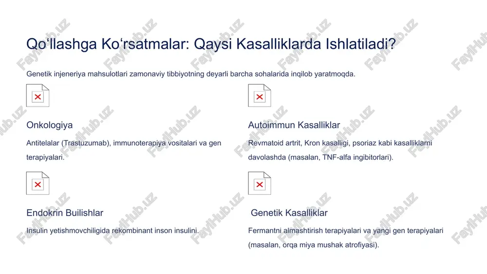 yalar, autoimmun va onkologik kasalliklarda b) faqat bakterial infektsiyalarda c) faqat yurak kasalliklarida d) faqat metabolik sindromda ⚠️ test 4. gen-injeneriya biologik preparatlarining asosiy nojo‘ya ta’siri nimada namoyon bo‘ladi? a) allergik reaktsiyalar va immun tizimining buzilishi b) yurak urish tezlashishi c) qon bosimi pasayishi d) qon ivishining ortishi 🚫 test 5. quyidagilardan qaysi holatda gen-injeneriya biologik preparatlarini qo‘llash mumkin emas? a) preparat tarkibiga allergiya bo‘lsa b) yengil shamollashda c) yurak urishi tez bo‘lsa d) uyqu buzilishi bo‘lsa eʼtiboringiz uchun rahmat! image2.png image13.png image15.png image18.jpeg image29.png image36.png image38.png image40.png image42.png image44.png image47.png image48.png image49.png image50.png image51.png image53.jpeg