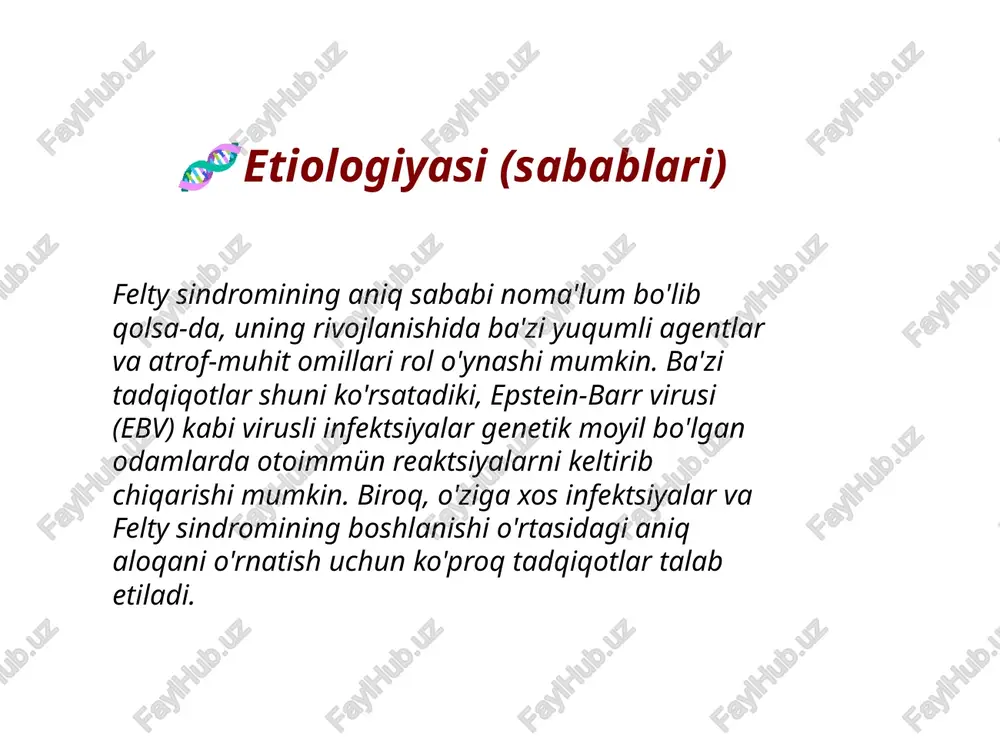 igiena, shu jumladan qo'llarni muntazam yuvish va kasal odamlar bilan aloqa qilmaslik infektsiya xavfini kamaytirishi mumkin. ratsiondagi o'zgarishlar: antioksidantlar va yallig'lanishga qarshi ovqatlarga boy parhez romatoid artritni boshqarishga yordam beradi va asoratlar xavfini kamaytiradi. hayot tarzi o'zgarishlari: muntazam jismoniy faoliyat, stressni boshqarish va chekishdan saqlanish umumiy salomatlikka hissa qo'shishi va otoimmün reaktsiyalarni yumshatishga yordam beradi. profilaktika e'tiboringiz uchun rahmat! image1.jpeg image2.jpeg image3.jpeg