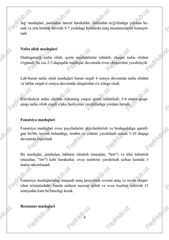 dam beradi. ifodalash mashqlari ifodalash mashqlari 5 ta asosiy komponentni o'z ichiga oladi: artikulyatsiya, nafas olish, rezonans, ovoz balandligi va tezligi, ular nutqning ravonligi va tushunarliligini yaxshilashga qaratilgan. nutq terapiyasida ifodalash mashqlari 3 yoshdan katta bolalarda nutq buzilishlarini, masalan, disartriya va apraksiyani davolashda muhim rol o'ynaydi, har bir mashq alohida ehtiyojlarga moslashtiriladi. ifodalash mashqlariga lablar, til va jag'ning harakatini koordinatsiya qilishga qaratilgan 10 dan ortiq turli xil mashqlar kiradi, bu esa aniq so'zlarni shakllantirish va talaffuz qilish qobiliyatini oshiradi. ijtimoiy aloqa mashqlari ijtimoiy aloqa mashqlari 2-3 ishtirokchidan iborat bo'lib, suhbat boshlash, navbat bilan gapirish va mavzudan chetga chiqmaslik kabi ko'nikmalarni o'rgatadi. rol o'yinlari ijtimoiy aloqa mashqlarining muhim qismidir, unda bemor turli xil ssenariylarni, masalan, do'konda xarid qilishni yoki yangi do'st orttirishni mashq qiladi. ijtimoiy hikoyalar vizual qo'llab-quvvatlashdan foydalanib, bemorga ijtimoiy vaziyatni tushunishga yordam beradi, masalan, 5 daqiqa davomida jamoat joyida o'zini qanday tutish kerak. o'yin terapiyasi mashqlari o'yin terapiyasida 10 …