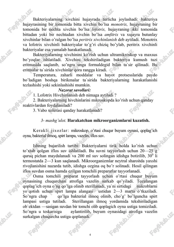 iydi (tanasining uzunligi 2 mkm, bir sekundda o’tgan masofasi esa 30 mkm ga yaqin bo’ladi). xivchinlanish tiplari: a — monotrixlar; b — lofotrixlar; v — peritrixlar bakteriyalarning xivchini hujayrada turlicha joylashadi: bakteriya hujayrasining bir tomonida bitta xivchin bo’lsa monotrix, hujayraning bir tomonida bir nechta xivchin bo’lsa lofotrix, hujayraning ikki tomonida bittadan yoki bir nechtadan xivchin bo’lsa amfitrix va xujayra butunlay xivchinlar bilan o’ralgan bo’lsa peritrix xivchinlanish deb aytiladi. monotrix va lofotrix xivchinli bakteriyalar to’g’ri chiziq bo’ylab, peritrix xivchinli bakteriyalar esa yumalab harakatlanadi. bakteriyalarning xivchinini ko’rish uchun ultramikroskop va maxsus bo’yoqlar ishlatiladi. xivchini tekshiriladigan bakteriya kumush tuzi eritmasida saqlanib, so’ngra unga formaldegid bilan ta`sir qilinadi. bu eritmalar ta`sirida xivchinlar qora rangga kiradi. temperatura, zaharli moddalar va hayot protsesslarida paydo bo’ladigan boshqa birikmalar ta`sirida bakteriyalarning harakatlanishi tezlashishi yoki sekinlashishi mumkin. nazorat savollari: 1. lofotrix hivchinlanish deb nimaga aytiladi ? 2. bakteriyalarning hivchinlarini mikroskopda ko’rish uchun qanday reaktivlardan foydalaniladi? 3. vabo xolerasi qanday …