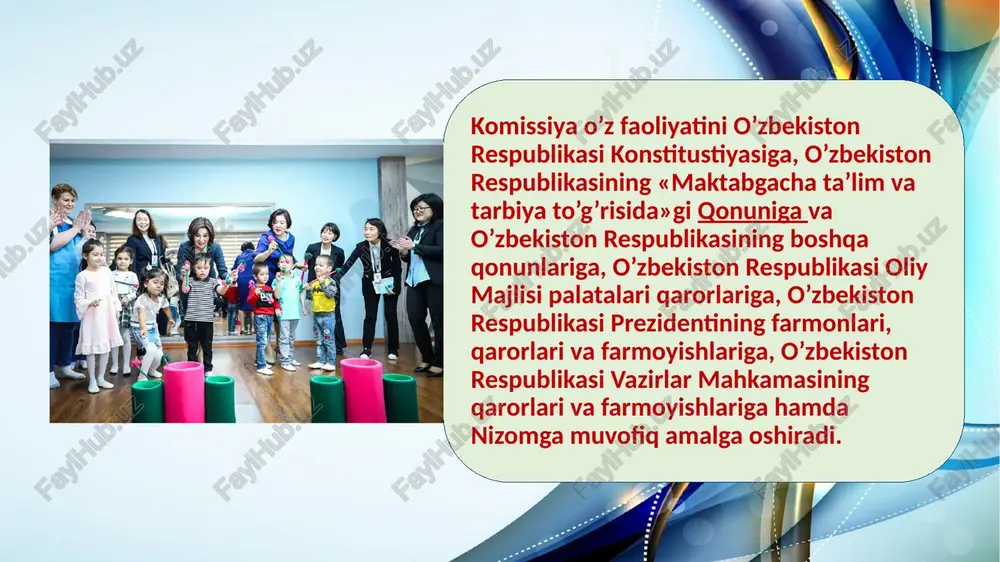 nadi; ortoped-travmatologning xulosasi (faqat tayanch-harakat apparatida nuqsonlar bo’lgan bolalar uchun), unga tashxisning keng izohi bilan rentgenologik tadqiqot ma’lumotlari ilova qilinadi; defektolog-logopedning xulosasi (faqat nutqida og’ir nuqsonlar bo’lgan bolalar uchun), unga til tizimining har bir komponenti shakllanish darajasi ko’rsatilgan holda nutq rivoji tavsifi ilova qilinadi. komissiyaga taqdim etiladigan bolaning rivojlanishi tarixidan ko’chirmaning ishonchliligi uchun davolash-profilaktika muassasasining uni tasdiqlagan bosh vrachi shaxsan javob beradi. bolalar tegishli hujjatlar taqdim etilgandan keyin bir oy davomida komissiyadan o’tadi. bolaning tibbiy kartasida ko’rsatilgan ma’lumotlar asosida bolalar komissiyaning har bir mutaxassisi tomonidan yakka tartibda yoki bir nechta mutaxassislar tomonidan bir vaqtda tekshiruvdan o’tkaziladi. bolaning tug’ilganlik haqidagi guvohnomasi ma’lumotlari; bola qonuniy vakillarining pasportiga oid ma’lumotlar; bolaning yashash manzili; xulosa, bolaga qo’yilgan tashxisi bilan; bolaning davlat maktabgacha ta’lim tashkilotida bo’lish muddati; bola o’qitiladigan til. xulosa bolaning rivojlanishida jismoniy yoki psixik nuqsonining og’irlik darajasiga qarab 6 oy yoki 1 yil muddatga beriladi. komissiyaning xulosasi, agar komissiyaning yig’ilishida bolaning asosiy tashxisi …