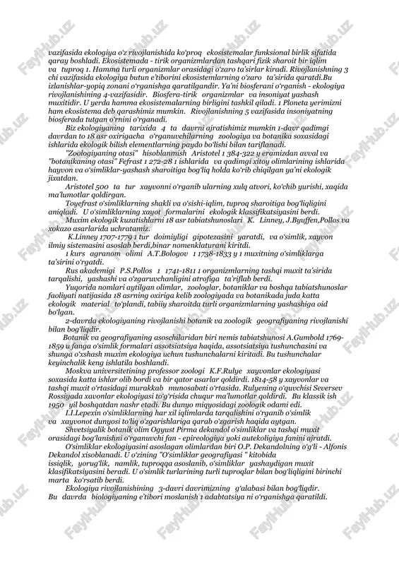 qiy etgan hozirgi paytda, qishloq xo‘jalik maqsulotlari yetishtirishda o‘ta ta’sirchan kimyoviy moddalarni ko‘plab ishlatish atrof - muhit va yetishtirilgan ne’matlar ifloslanishiga, shuningdek odamlar orasida bir qancha xastaliklar avj olishiga olib kelmoqda. so‘z tabiatning ozor topishi, ekologik muvozanatning buzilishi ustida borar ekan, hozir orol dengizining qurib borishi bilan bog‘liq ekologik vaziyat naqadar noxush asoratlar berayotganligini eslatib o‘tmasdan bo‘lmaydi. yuqori xosildorlikning asosi - o‘simliklarning optimal zichligini aniqlash. biz o‘zimiz yashayotgan sayyoraga nazar tashlasak, ko‘p narsalarning guvohi bo‘lamiz: inson so‘nggi 100-50 yil davomida tabiatning yer qobig‘i bo‘lishi biosferani shunchalik o‘zgartirib yubordiki, natijada uning million yillar davomida tarkib topgan go‘zalligi va musafoligiga raxna solindi, noyob nabetot va jonivorlar namunalari kamayib ketdi. populyatsiyalarning miqdorini tartibga solish. biologik rekultivatsiya ishlari. buzilgan tabiiy sistemalarni tiklash, shu jumladan, foydalanishdan chiqarib tashlangan qishloq xo‘jalik ekin maydonlarini yana ishga solish 1 rekultivatsiya1. yaylovlarni suv xavzalari va boshqa ekosistemalar maxsuldorligini tiklash. biotsenozlar hosil ilish: 1 sun’iy yaylovlar xosil qilish,qumlarning ko‘chishini to‘xtatish, …
