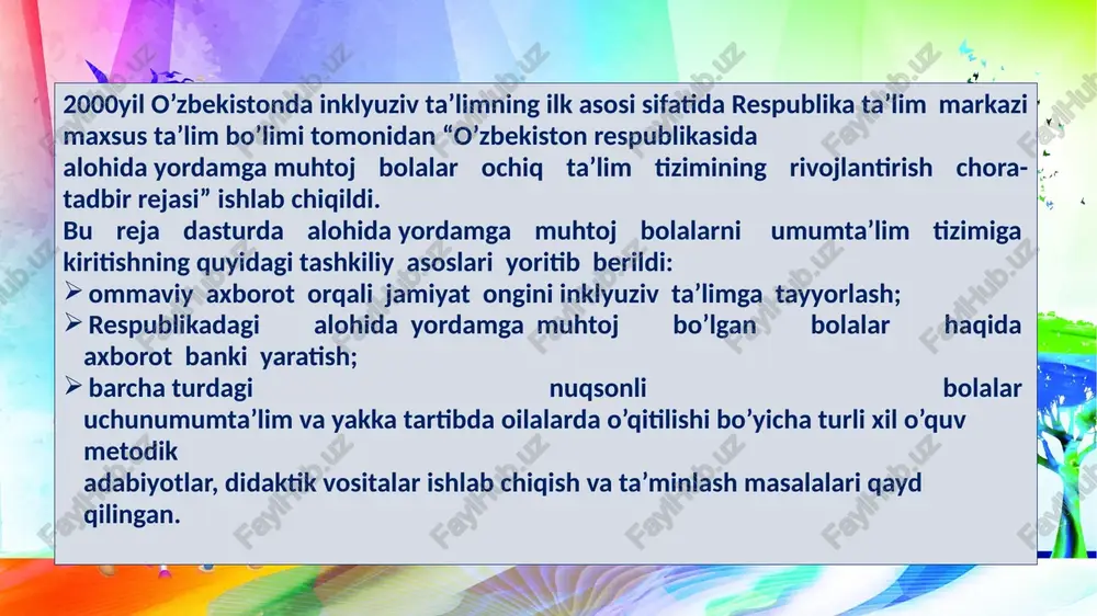 tabgacha ta’lim tashkiloti binosida 2 yoshdan 6 yoshgacha bo‘lgan bolalarni maxsus mttga tanlash bo‘yicha tibbiy–psixologik-pedagogik komissiyaning yig‘ilishi tashkil etildi. ushbu tashkilot ikkita bo‘limdan iborat: 2 yoshdan 7 yoshgacha bo‘lgan bolalar uchun 10 guruhdan iborat ko‘p tarmoqli ixtisoslashtirilgan maktabgacha ta’lim tashkiloti (bolaning tashxisiga qarab); reabilitatsiya markazi – 2 yoshdan 18 yoshgacha bo‘lgan bolalar uchun. o‘zbekiston respublikasi prezidentining 2019-yil 29-apreldagi “o‘zbekiston respublikasi xalq ta’limi tizimini 2030-yilgacha rivojlantirish konsepsiyasini tasdiqlash to‘g‘risida”gi farmoniga muvofiq o‘zbekistonda inklyuziv ta’limni rivojlantirish, alohida ta’lim ehtiyojlari bo‘lgan bolalarga ta’lim-tarbiya berish tizimini takomillashtirish hamda ularga ko‘rsatiladigan ta’lim xizmatlari sifatini yaxshilash maqsadida 2020—2025-yillarda xalq ta’limi tizimida inklyuziv ta’limni rivojlantirish konsepsiyasi ishlab chiqildi. 2020-2022-yillar davomida: inklyuziv ta’lim tizimi sohasidagi normativ baza takomillashtirish; inklyuziv ta’lim tizimi uchun malakali pedagog kadrlarni tayyorlash, qayta va malakasi oshirish; inklyuziv ta’lim joriy etilgan tashkilotlarning moddiy-texnika bazasi mustahkamlanishi, ular maxsus moslamalar (ko‘tarish qurilmasi, pandus, tutqich vaoshqalar), zarur adabiyotlar, metodik qo‘llanmalar, turli kasblarga o‘qitish uchun uskuna va jihozlar bilan …