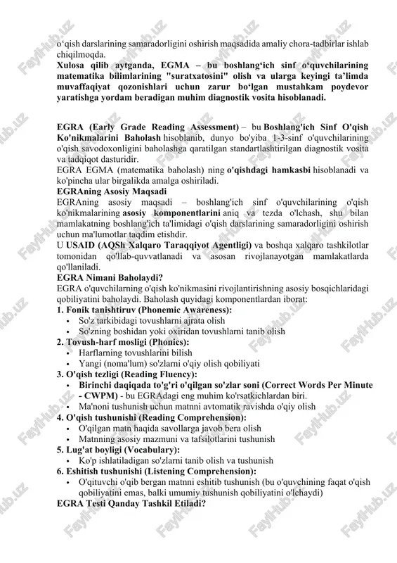 ni beradi. · materiallar: ko‘pincha raqam kartalari, hisoblash materiallari (tasviriy tangalar, cho‘tkalar) va boshlang‘ich geometrik shakllar qo‘llaniladi. · so‘rovnomalar: egma, shuningdek, o‘qituvchilar va maktab rahbarlari uchun so‘rovnomalarni o‘z ichiga olishi mumkin, bu esa o‘qitish sharoitlari, o‘qituvchilarning malakasi va resurslar bilan ta’minlanishi kabi omillarni o‘rganishga yordam beradi. egma natijalarining ahamiyati egma natijalari mamlakatlar uchun quyidagilarda muhim ma’lumot beradi: 1. problemlarni aniqlash: boshlang‘ich sinflarda matematika ta’limining eng zaif bo‘g‘inlari (masalan, bolalar son tushunchasini tushunmayaptimi yoki so‘zli masalalarni yecha olmayaptimi?) aniq lanadi. 2. dasturiy ta’minotni yaratish: olingan ma’lumotlar asosida o‘quvchilarning aniq kamchiliklarini bartaraf etish uchun qo‘shimcha darsliklar, o‘qituvchilar uchun qo‘llanmalar va maxlas dasturlari ishlab chiqiladi. 3. samaradorlikni kuzatish: yangi o‘qitish metodlari yoki dasturlar joriy etilgandan keyin, ularning samaradorligini egma yordamida yana o‘lchash mumkin. 4. resurslarni samarali taqsimlash: mamlakat qaysi hududlarida yoki qaysi maktablarda matematika ta’limi bilan bog‘liq muammolar ko‘proq ekanligini aniqlab, yordam va resurslarni aniq yo‘naltirish imkoniyati yaratadi. egma va o‘zbekiston o‘zbekiston respublikasi …