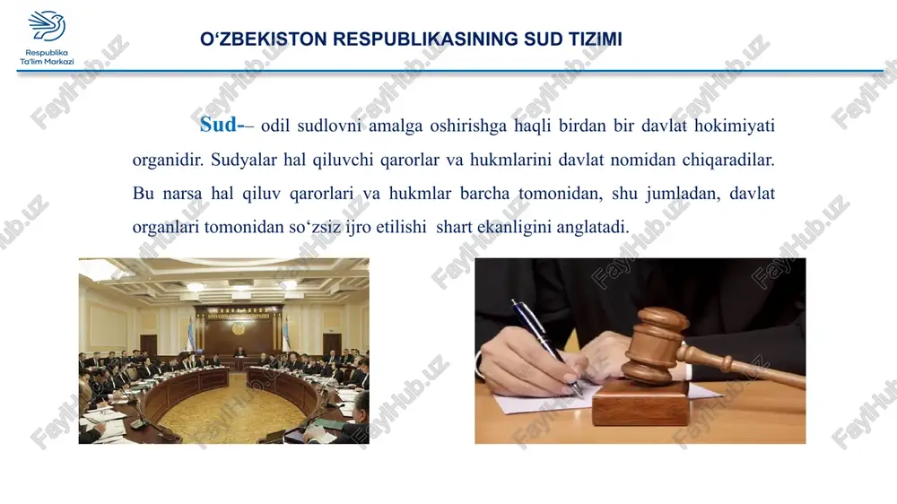 sudlar tuzilishiga yo‘l qo‘yilmaydi xulosa chiqaramiz! sudlar – inson huquqlari himoyasidagi asosiy bo‘g‘in. prinsiplar: oshkoralik, obyektivlik, qonuniylik, adolat. sudyalar – mustaqil va daxlsizdir, faqat qonunga bo‘ysunadi sud – odil sudlovni amalga oshiruvchi birdan bir hokimiyat organi. uyga vazifa: mavzuni o‘qib o‘rganish, vaziyatli topshiriqlarni yechish. image11.png image12.jpeg image13.jpeg image14.jpeg image15.jpeg image16.jpeg image17.jpg image18.jpeg image19.jpeg image20.jpg image21.jpg image22.jpg image23.jpg image24.jpg image25.jpeg image26.jpg image27.png image28.gif image29.gif /docprops/thumbnail.jpeg