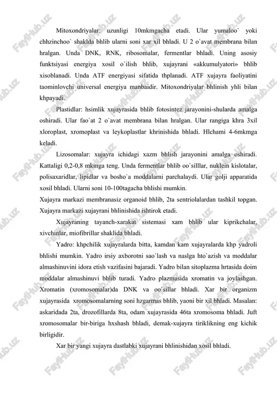 . ular yumaloo` yoki chhzinchoo` shaklda bhlib ularni soni xar xil bhladi. u 2 o`avat membrana bilan hralgan. unda dnk, rnk, ribosomalar, fermentlar bhladi. uning asosiy funktsiyasi energiya xosil o`ilish bhlib, xujayrani «akkumulyatori» bhlib xisoblanadi. unda atf energiyasi sifatida thplanadi. atf xujayra faoliyatini taominlovchi universal energiya manbaidir. mitoxondriyalar bhlinish yhli bilan khpayadi. plastidlar: hsimlik xujayrasida bhlib fotosintez jarayonini-shularda amalga oshiradi. ular fao`at 2 o`avat membrana bilan hralgan. ular rangiga khra 3xil xloroplast, xromoplast va leykoplastlar khrinishida bhladi. hlchami 4-6mkmga keladi. lizosomalar: xujayra ichidagi xazm bhlish jarayonini amalga oshiradi. kattaligi 0,2-0,8 mkmga teng. unda fermentlar bhlib oo`silllar, nuklein kislotalar, polisaxaridlar, lipidlar va bosho`a moddalarni parchalaydi. ular golji apparatida xosil bhladi. ularni soni 10-100tagacha bhlishi mumkin. xujayra markazi membranasiz organoid bhlib, 2ta sentriolalardan tashkil topgan. xujayra markazi xujayrani bhlinishida ishtirok etadi. xujayraning tayanch-xarakat sistemasi xam bhlib ular kiprikchalar, xivchinlar, miofibrillar shaklida bhladi. yadro: khpchilik xujayralarda bitta, kamdan kam xujayralarda khp yadroli bhlishi …
