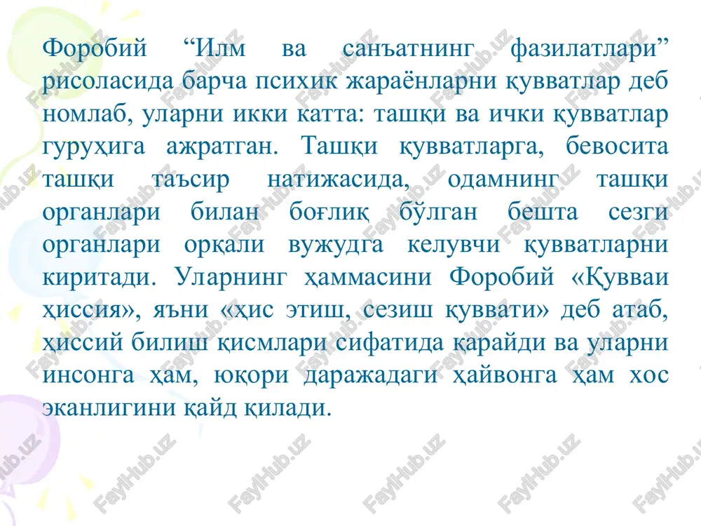'tib, birinchni o'ringa yurak va ruhni qo'ygan. undan keyingi o'rinlarda issiqlik darajasiga qarab qon, jigar, o'pka va boshqa a'zolar turadi. ibn sinoning ta'kidlashicha kasalliklarni aniqlashda gavda va uning a'zolarining mijozini bilish muhim ahamiyatga ega. mijozga qarab kasalga tashxis qo'yish oson bo'ladi. ibn sinoning ko'rsatishicha, odam tanasining va undagi a'zolar har birining mijozini aniqlashda o'n usuldan foydalaniladi. ibn sino sezgi organlarining bilishdagi rolini har tomonlama va chuqur o'rganadi hamda tahlil qiladi. u kishiga ta'sir etuvchi narsa va hodislar avvlo sezgilarimiz orqali bilinadi, ya'ni tashqi olamdagi mavjud narsa va hodislar bizning sezgi a'zolarimizga ta'sir etgach biz uni qabullaymiz. ibn sino fikricha sezgilar ikki turga bo'linadi: tashqi va ichki sezgilar tashqi sezgilar turkumiga besh sezgi a'zosi kiradi. bular quyidagilar: ko'rish, eshitish, hid bilish, maza teri sezgilaridir. har qaysi sezgilar o'z xususiyatlari, mohiyati va vazifasi bilan farq qiladi hamda har bir sezgi o'z ahamiyatiga egadir. sezgilarning o'z xususiyatlari, ahamiyati ustida to'xtalar ekan bularni bir-birisiz …