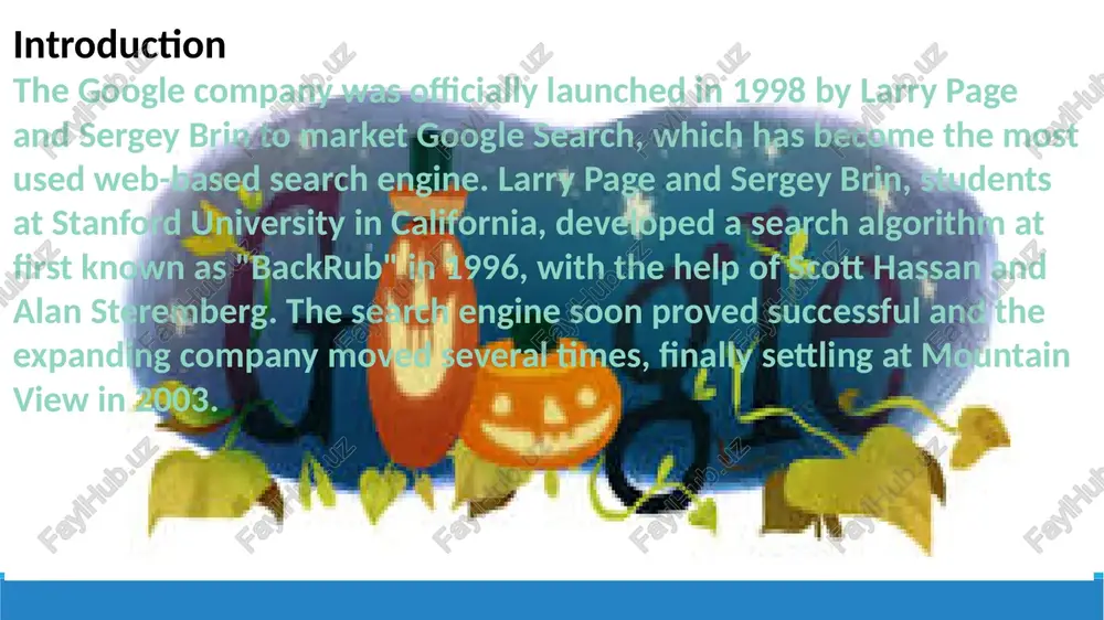 'yicha sud nizosida ishtirok etdi va buyuk britaniyada soliqlardan qochish bo'yicha tergov mavzusi bo'ldi. google nomi googolning xatosi, birinchi soni 100 noldan iborat bo'lib, ushbu qidiruv tizimi katta miqdordagi ma'lumotlarni taqdim etish uchun mo'ljallanganligini anglatadi. ta'sischilar sergey brin (o'ngda) va larri peyj (chapda) sergeyning oilasi 1979 yilda aqshga hijrat qilgan ular bo'lgan stamford universitetida uchrashdi,va hamkorlik qilishib birinchi loyihalarni boshladi kelajakda google asoschilari ism va ishga tushirish google nomi googolplex so'zidan kelib chiqqan bo'lib, bu 100 ta kuchdagi 10 degan ma'noni anglatadi. 1997 yilda birinchi stamford universitetida ish boshladi sergey brin veb-saytning birinchi dizaynini yaratdi, u bugungi kungacha mavjud. oddiy va aniq dizayn noyob va o'ziga xos edi noyob brend logotiplari bir marta brin va peyj barcha xodimlarni festivalga olib bordi, shunda odamlar idorada telefon qo'ng'irog'iga javob beradigan hech kim yo'qligini bilishsin. ular festivalga tegishli logotipni o'zgartirdilar: "biz u erga bordik ..." endi milliy bayramlar yoki boshqa dunyo tadbirlari munosabati …