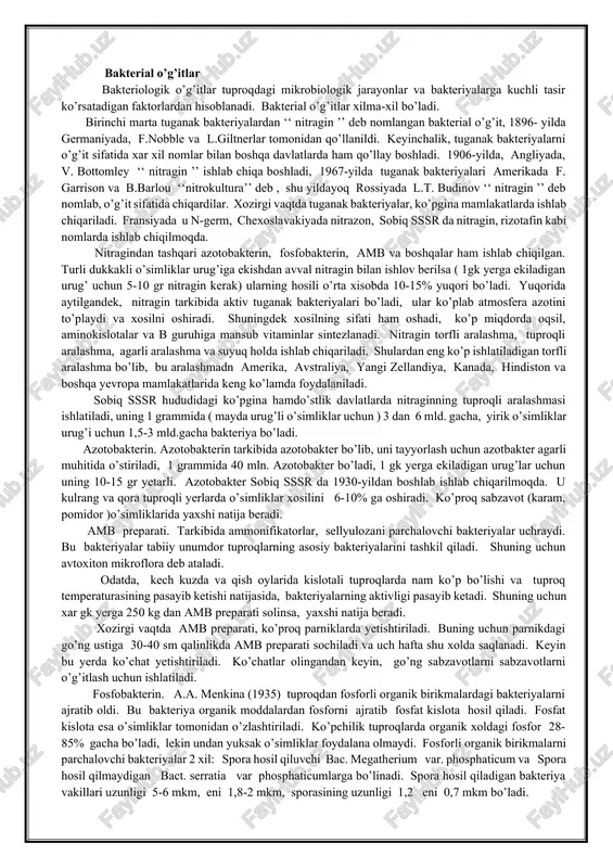 kin. oziqa muhitga tushgan bakteriyalar avvalo unga moslashadi, so’ng tezlik bilan ko’payadi va maksimumga chiqadi. oziqa moddalarining kamayishi va hosil bo’lgan mahsulotlarning ko’payishiga qarab o’sish sekinlashadi va to’xtaydi. bakteriyaning rivojlanish sikli bir necha fazadan tashkil topadi. 1. statsionar faza-bakteriyaning oziqa muhitga tushgandan boshlab, 1-2 soat davom etadi.bu fazada hujayra soni ortmaydi. 2. lag faza – bakteriyaning tormozlanishi.bu fazada bakteriyalar intensive o’sadi,ammo ularning bo’linishi juda kam bo’ladi. bu ikki fazani bakteriya populiyatsiyasi rivojlanishining muhitga moslashuv fazasi desa bo’ladi. 3. logarifmik - eksponensial ko’payish fazasi. ko’payish katta tezlikda ketadi, hujayralar soni geometrik progressiya bo’yicha ortadi. 4. manfiy tezlanish fazasi – xujayralar kamroq aktiv bo’ladi, generatsiya vaqti cho’ziladi, chunki oziqa kamayadi, zaharli moddalar hosil bo’ladi, natijada ko’payish susayadi, bazi hujayralar ham o’ladi ham. 5. statsionar faza- hosil bo’ladigan hujayralar soni o’ladiganlari soni bilan tenglashadi. shuning uchun tirik hujayralar soni ma’lum vaqt davomida bir hil darajada turadi.tirik va o’lgan hujayralar soni sekin asta ko’payadi.bu …