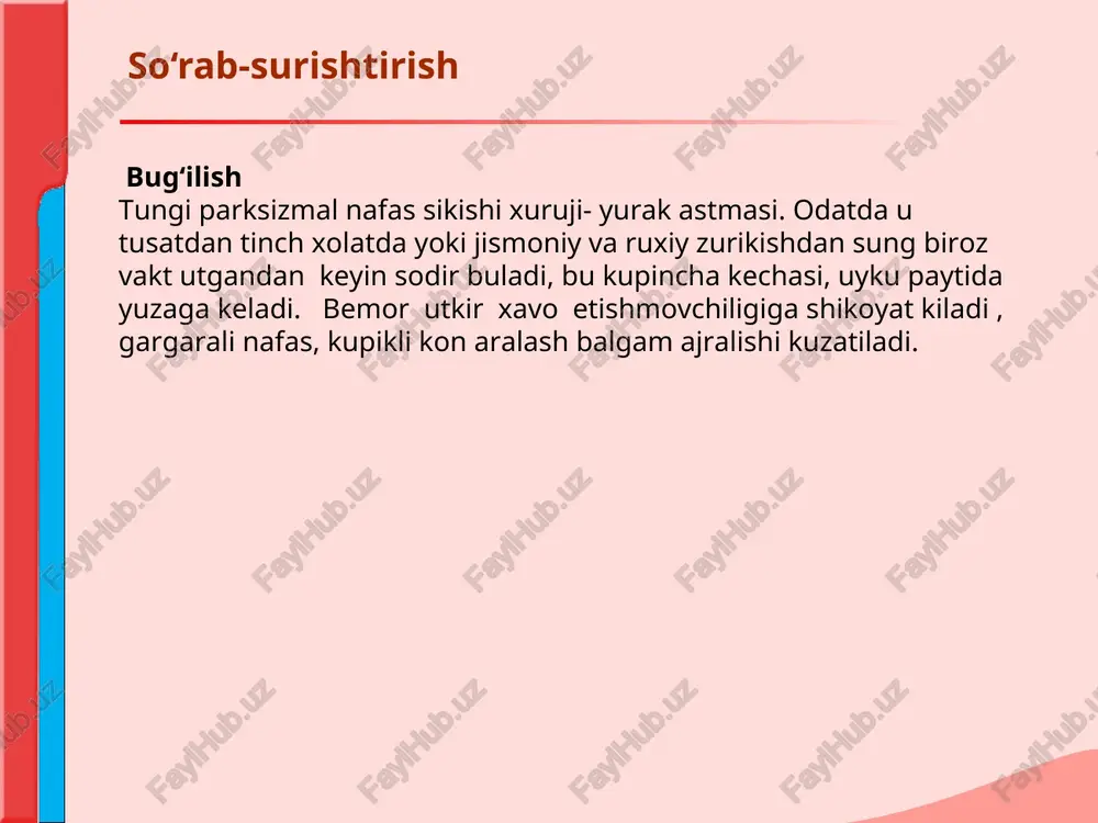 ndalang o ‘lchami perkussiya yurak tomirlar tutami chegarasi perkussiya yurak konfiguratsiyasi perkussiya perkussiya yurakni absolyut tumtoqlik chegaralarini aniklash yurak chegaralarini o‘zgarishi sabablari kasalliklar va sindromlar yurakni o‘ng nisbiy tumtoqlik chegarasini siljishi o‘ng korincha dilatatsiyasi mitral stenoz o‘pka yurak o‘ng qorincha va bo‘lmacha dilatatsiyasi uch tavaqali klapan yetishmovchiligi o‘ng bulmacha dilatatsiyasi o‘ng atrioventrikulyar teshik tortishishi kuks oralig‘ini o‘ngga siljishi chap taraflama gidrotoraks chap taraflama pnevmotoroks o‘ng taraflama obturatsion atelektaz chapga «osilib» (tomchi») turuvchi yurak astenik gavda tuzilishi kuks oralig‘ini chapga siljishi chap taraflama obturatsion atelektaz o‘ng taraflama gidrotoraks yoki pnevmatoraks (bunda kup xollarda chegara aniqlanmaydi) yurak konfiguratsiyasi mitral chap bulmacha delyatatsiyasi, yurak belini silliklanishi 1. mitral stenoz 2.mitral etishmovchiligi aortal chap korincha delyatatsiyasi, yurak beli uyik 1. aortal etishmovchiligi 2.aortal stenoz (dekompensatsiya boskichida) tomirlar tutamini kengayishi ungga aortani kutariluvchi kismini kengayishi yoki anevrizmasi 1. arterial gipertenziya 2. aorta aterosklerozi chapga upka arteriyasini kengayishi upka arteriyasida yukori bosim. aortani pastga tushuvchi kismini …