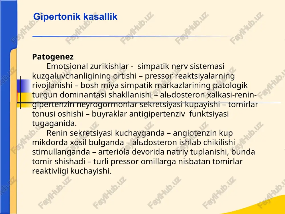 millarni kamaytirish (chekish, alkogol ist’emol kilish, gormonal kontratseptivlarni kullash) dv lar bilan davolash: - siydik xaydovchi preparatlar - ganglioblokatorlar - kalsiy antagonistlari - vazodilyatatorlar - angiotenzin-uzgartiruvchi ferment ingibitorlari (aufi) gipertonik kasallikni davolash – uziga xos klinik manzara beruvchi, koronar kon aylanishi yetishmovchiligi natijasida miokard ishemiyasini xosil kiluvchi yurak kasalliklari guruxi. yurak ishemik kasalligi yuik klassifikatsiyasi: 1. stenokardiya stabil zurikish stenokardiyasi fk i fk ii fk iii fk iv nostabil stenokardiya ilk bor paydo bulgan stenokardiya tinchlik stenokardiyasi (prinsmetala) progressiv kuchayib boruvchi stenokardiya 2. miokard infarkti q tishli miokard infarkti q tishsiz miokard infarkti 3. yurak yetishmovchiligi 4. yurak ritmining buzilishi 5. qo’qqisdan koronar o’lim yurak ishemik kasalligi stenokardiya stenokardiya kupincha jismoniy zurikishdan keyin paydo buluvchi, tush orka soxasidagi ogriklar bilan xarakterlanuvchi kasallikdir etiologik omillar: toj arteriyalari aterosklerozi toj tomirlar spazmi sifilitik aortit obliteratsiyalovchi endarteriit revmatik vaskulit tugunchali periarteriit toj arteriyalar trombozi aorta ravogi stenozi gipertrofik kardiomiopatiya birlamchi upka arterial gipertenziyasi …