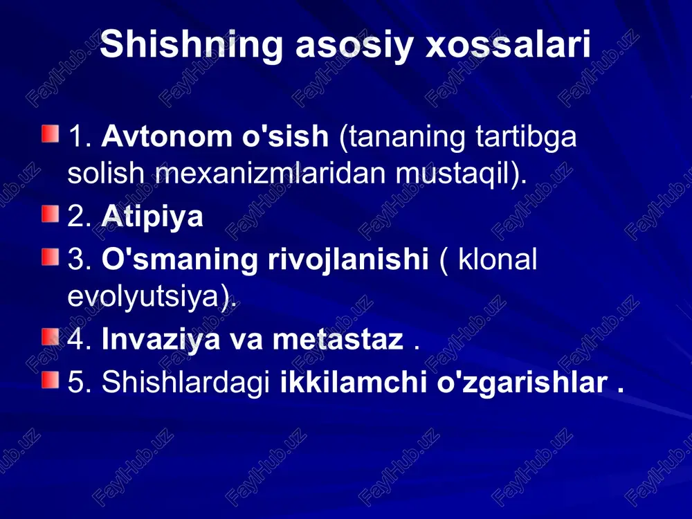 gen "v- fes ", simian sarkomasi virusi onkogeni ( simian) deb nomlanadi. sarkoma ) - "v- sis " kabi. boshqa proto-onkogenlar yanada sodda tarzda belgilanadi: " fes " va " sis ", ya'ni. "v"siz. kanserogenezning molekulyar asoslari onkogenlar onkoproteinlar deb ataladigan oqsillarni kodlaydi . bu oqsillar oddiy ovqatlarga o'xshaydi proto-onkogenlar , ammo onkoproteinlar bundan mustasno mahrum muhim tartibga soluvchi elementlar , va ularning transformatsiyalangan hujayralarda ishlab chiqarilishi o'sish omillari yoki boshqa tashqi signal moddalariga bog'liq emas. kanserogenezning molekulyar asoslari onkoproteinlarning tabiati va funktsiyalarini yaxshiroq tushunish uchun fiziologik hujayraning asosiy bosqichlarini esga olish kerak. tarqalishi : a) o'sish omilining plazmalemmadagi o'ziga xos retseptorlari bilan bog'lanishi kanserogenezning molekulyar asoslari b) vaqtinchalik va cheklangan faollashtirish o'sish omili retseptorlari, bu esa o'z navbatida plazmalemmaning ichki plastinkasida bir nechta signalni o'zgartiruvchi oqsillarni faollashtiradi; v) konvertatsiya qilingan signalni sitozol orqali ikkilamchi xabarchilar tizimi orqali uzatish ; d) dnk transkripsiyasi va hujayra bo'linishini keltirib chiqaradigan yadro ichidagi …