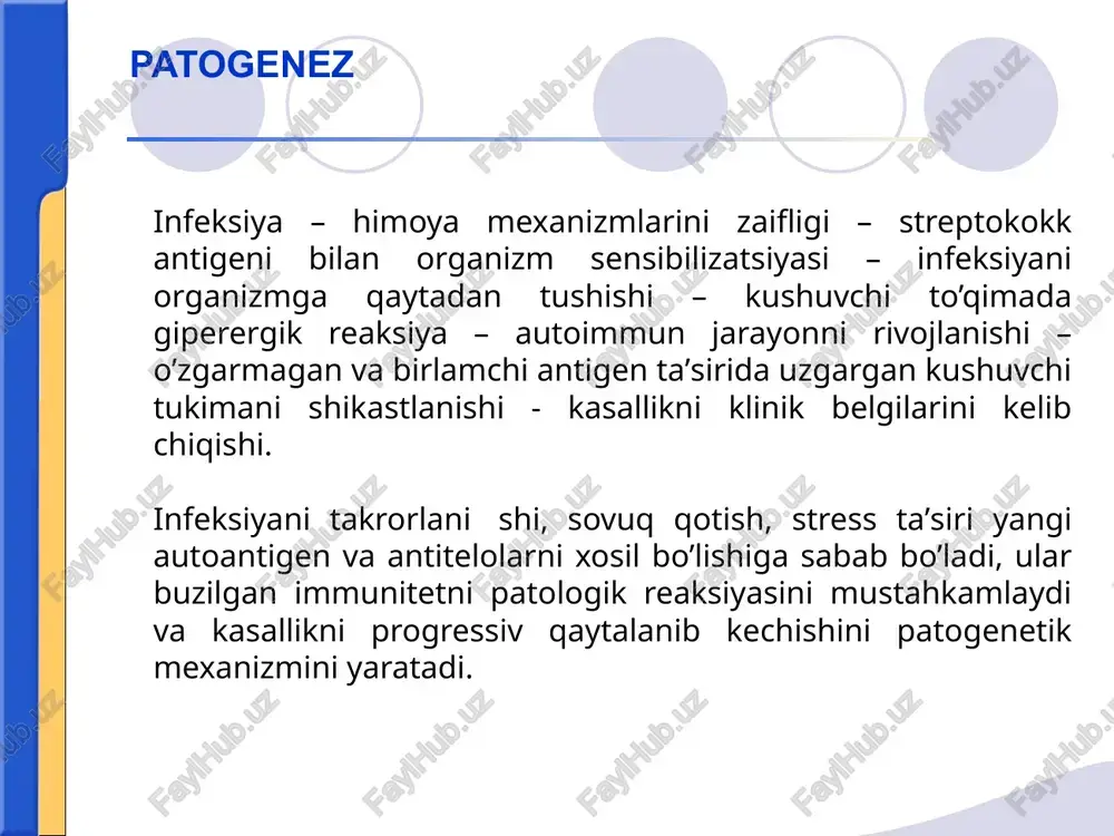 profilaktika revmatizmni davolashni asosiy prinsiplari etiologiya va patogenezi revmatik kardit – o’tkir, o’tkir osti, yashirin boshlanishi va kechishi, kaytalanishga moyilligi bulgan revmatizmning asosiy va eng kup tarkalgan klinik-anatomik shakllaridan biri bulib , aloxida yoki bir vaktda endokard, miokard, perikard shikastlanishi bilan namoyon buladi va yurak klapanlari poroki, kardioskleroz shakllanishi yoki sogayish bilan yakunlanadi. tushunchalar: revmokardit (endokardit, miokardit, pankardit), birlamchi va kaytalanuvchi revmokardit. kardial shakli boshqa aʼzolar va organlar shikastlanishi bilan birgalikda (bugimlar, teri, buyraklar, o’pkalar va boshqa). birlamchi revmokardit birlamchi revmokardit bilan kasallangan bemorlarni klinik tekshirish usullari bemor shikoyatlari va kasallik anamnezi. «kardial" shikoyatlar bor yoki yukligi; kasallikning umumiy namoyon bulishi: harorat ko’tarilishi, ko’p terlash, ishtaha pasayishi, asabiylik va boshqalar. kasallik tarixi: o’tib ketgan burun-halqum infeksiyalariga, sovuq qotishga, charchashga, jarohat va boshqa omillarga bog’liqligi. revmokarditni atipik kechishi: yuqori nafas yo’llarining uzoq davom etuvchi, tez-tez qaytalanuvchi kataralari, sababsiz ozib ketish, tez charchash, kasallik davomida mehnat qobiliyatining pasayishi. o’tkazilgan davolash va uning …